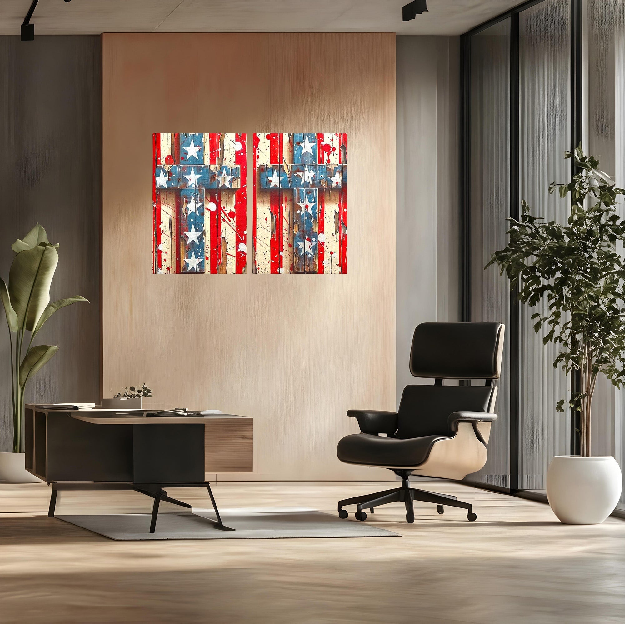 Set 2 Tablouri Canvas Premium LuxCanva® H2-1041, Crucea Libertatii, Credinta, Cruce, Libertate, Patriotism, Drapel, Stele, Simbol Crestin, Arta Patriotica, Living, Dormitor