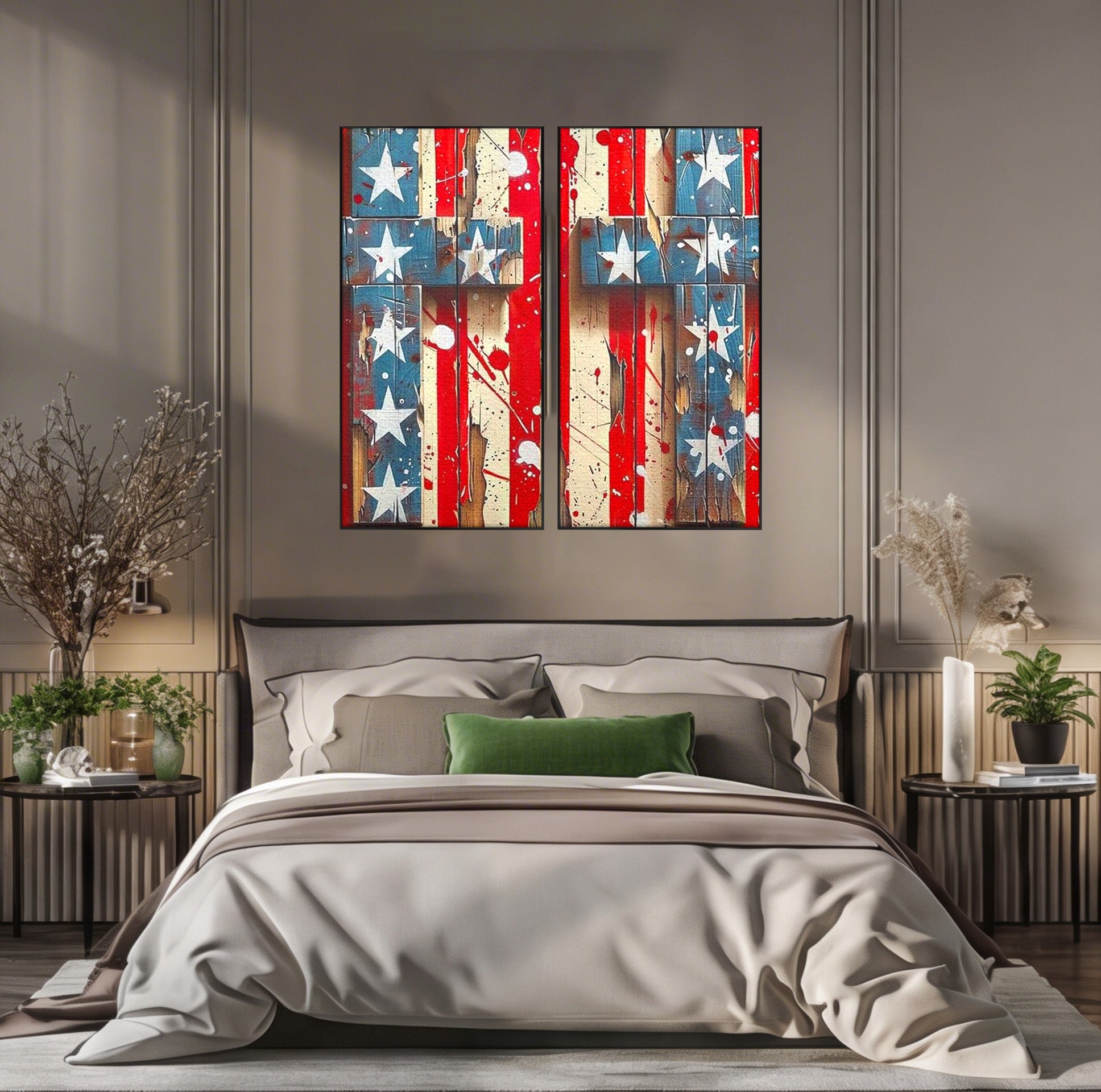 Set 2 Tablouri Canvas Premium LuxCanva® H2-1041, Crucea Libertatii, Credinta, Cruce, Libertate, Patriotism, Drapel, Stele, Simbol Crestin, Arta Patriotica, Living, Dormitor