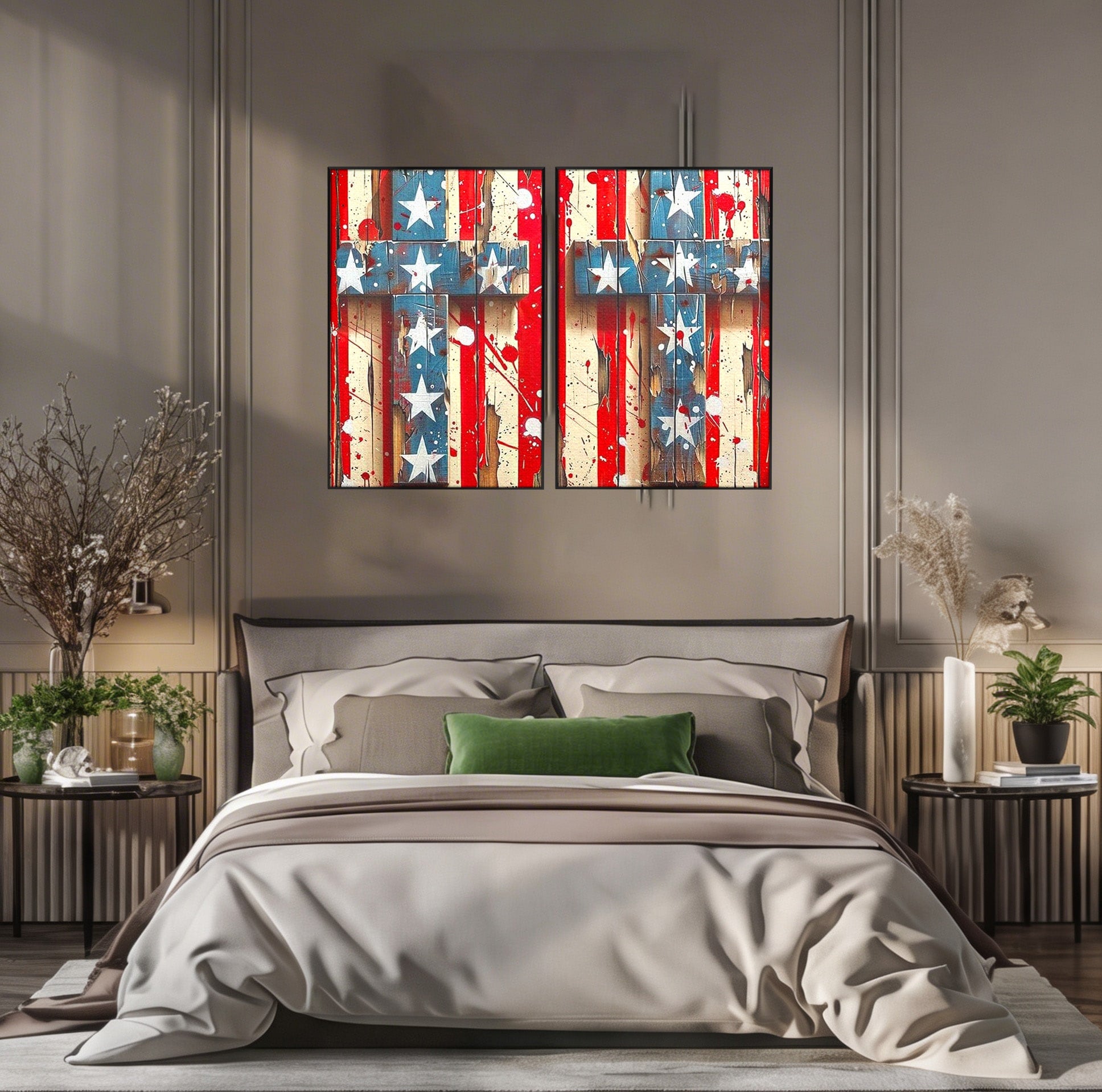 Set 2 Tablouri Canvas Premium LuxCanva® H2-1041, Crucea Libertatii, Credinta, Cruce, Libertate, Patriotism, Drapel, Stele, Simbol Crestin, Arta Patriotica, Living, Dormitor