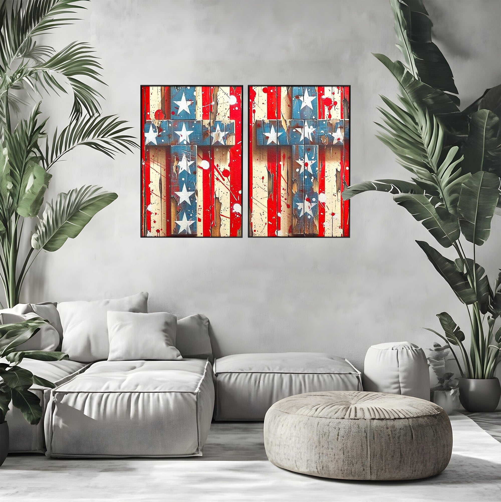 Set 2 Tablouri Canvas Premium LuxCanva® H2-1041, Crucea Libertatii, Credinta, Cruce, Libertate, Patriotism, Drapel, Stele, Simbol Crestin, Arta Patriotica, Living, Dormitor