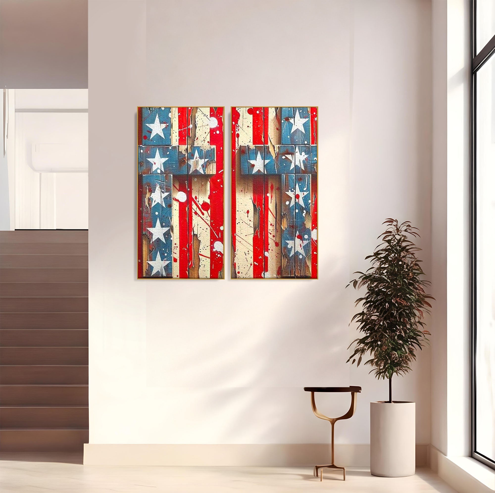 Set 2 Tablouri Canvas Premium LuxCanva® H2-1041, Crucea Libertatii, Credinta, Cruce, Libertate, Patriotism, Drapel, Stele, Simbol Crestin, Arta Patriotica, Living, Dormitor