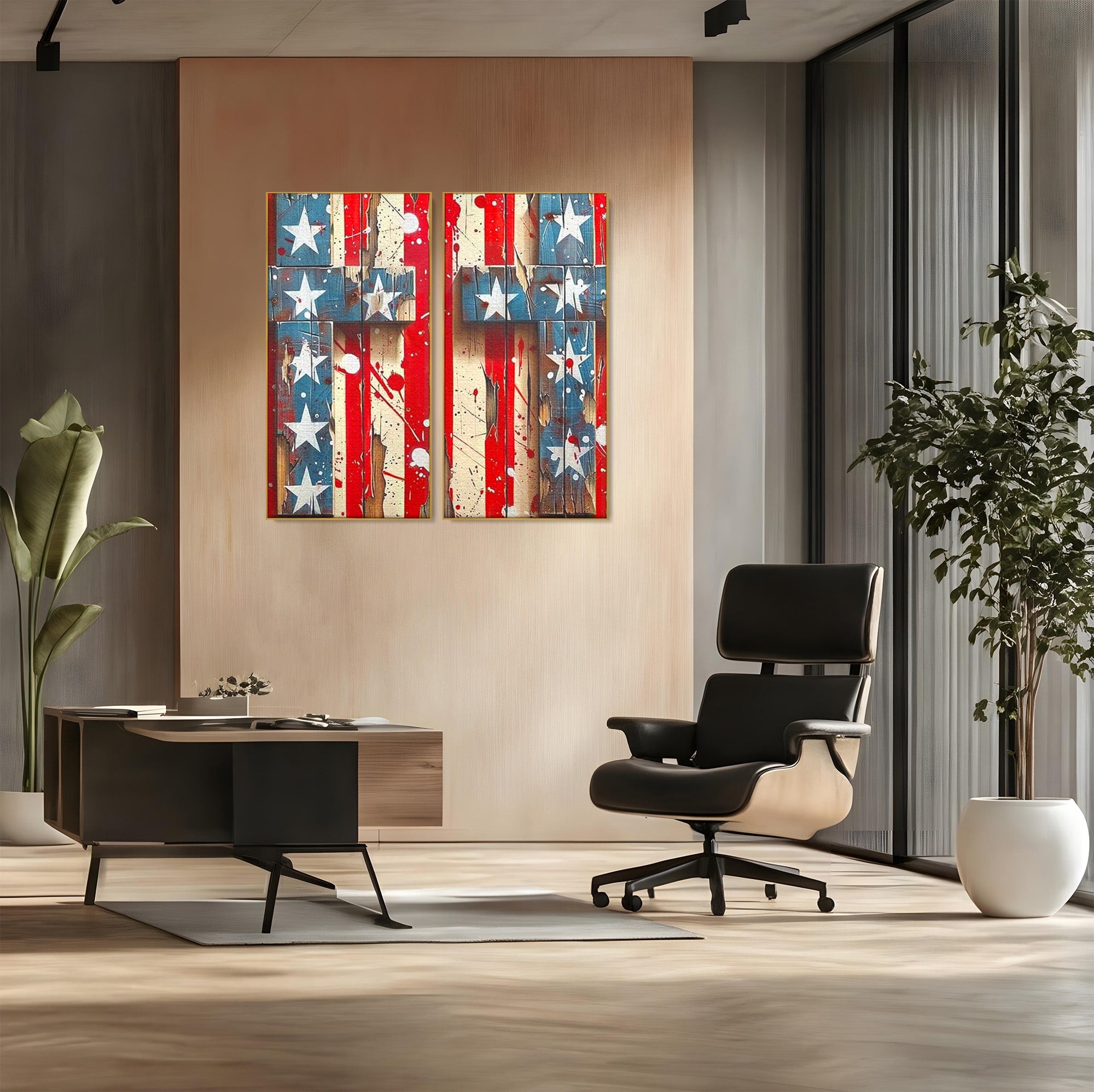 Set 2 Tablouri Canvas Premium LuxCanva® H2-1041, Crucea Libertatii, Credinta, Cruce, Libertate, Patriotism, Drapel, Stele, Simbol Crestin, Arta Patriotica, Living, Dormitor