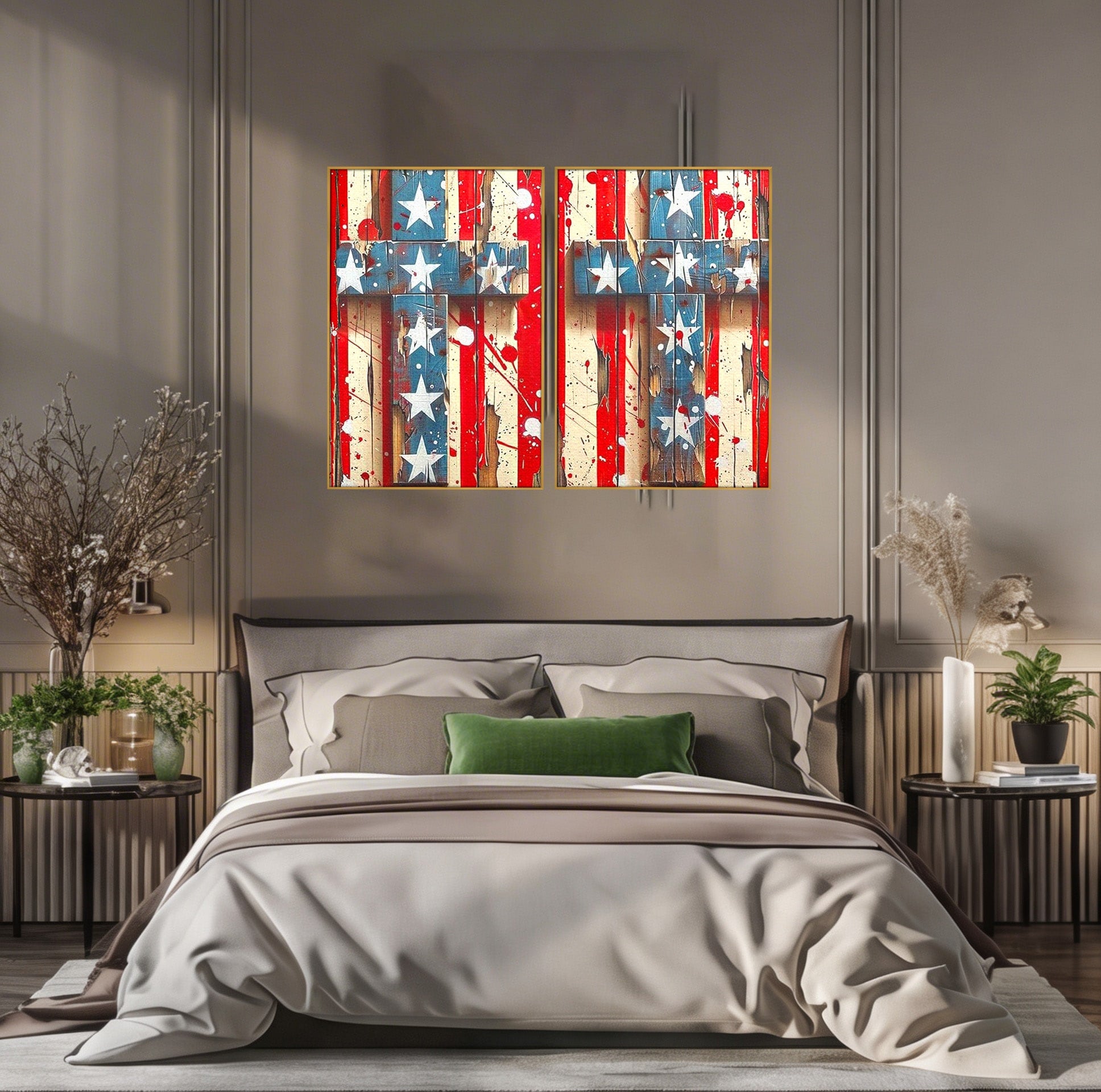 Set 2 Tablouri Canvas Premium LuxCanva® H2-1041, Crucea Libertatii, Credinta, Cruce, Libertate, Patriotism, Drapel, Stele, Simbol Crestin, Arta Patriotica, Living, Dormitor