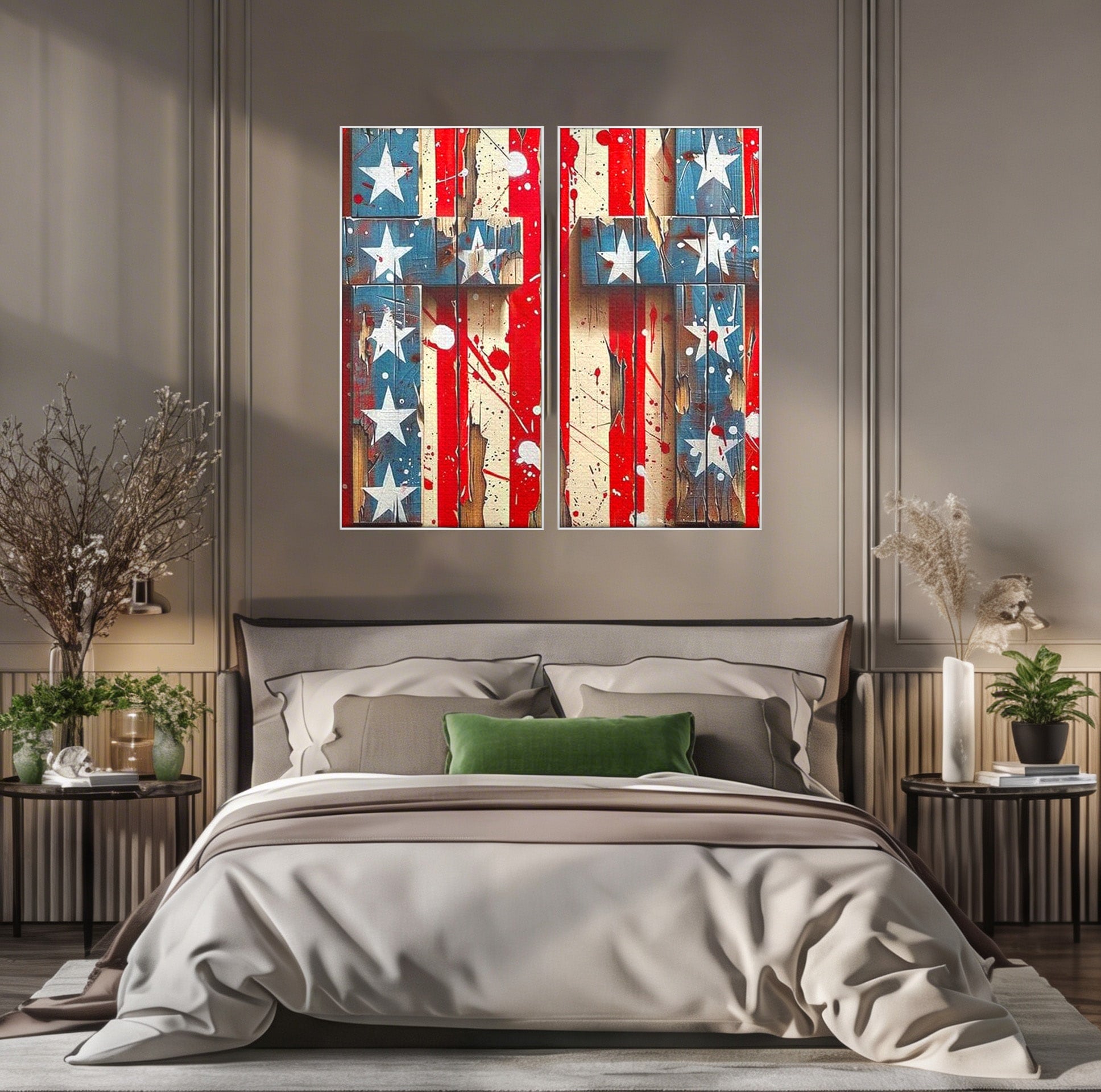 Set 2 Tablouri Canvas Premium LuxCanva® H2-1041, Crucea Libertatii, Credinta, Cruce, Libertate, Patriotism, Drapel, Stele, Simbol Crestin, Arta Patriotica, Living, Dormitor