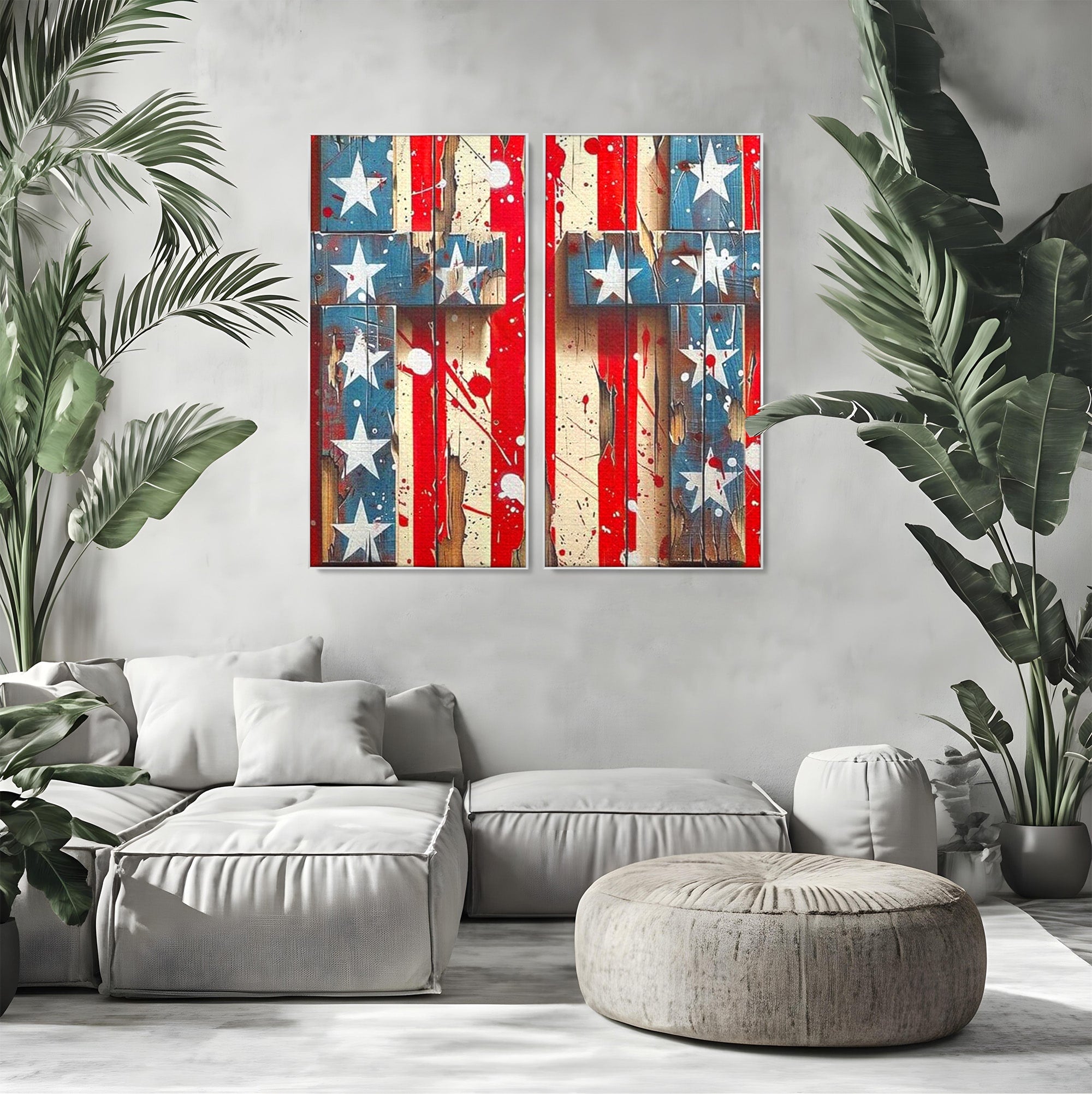 Set 2 Tablouri Canvas Premium LuxCanva® H2-1041, Crucea Libertatii, Credinta, Cruce, Libertate, Patriotism, Drapel, Stele, Simbol Crestin, Arta Patriotica, Living, Dormitor