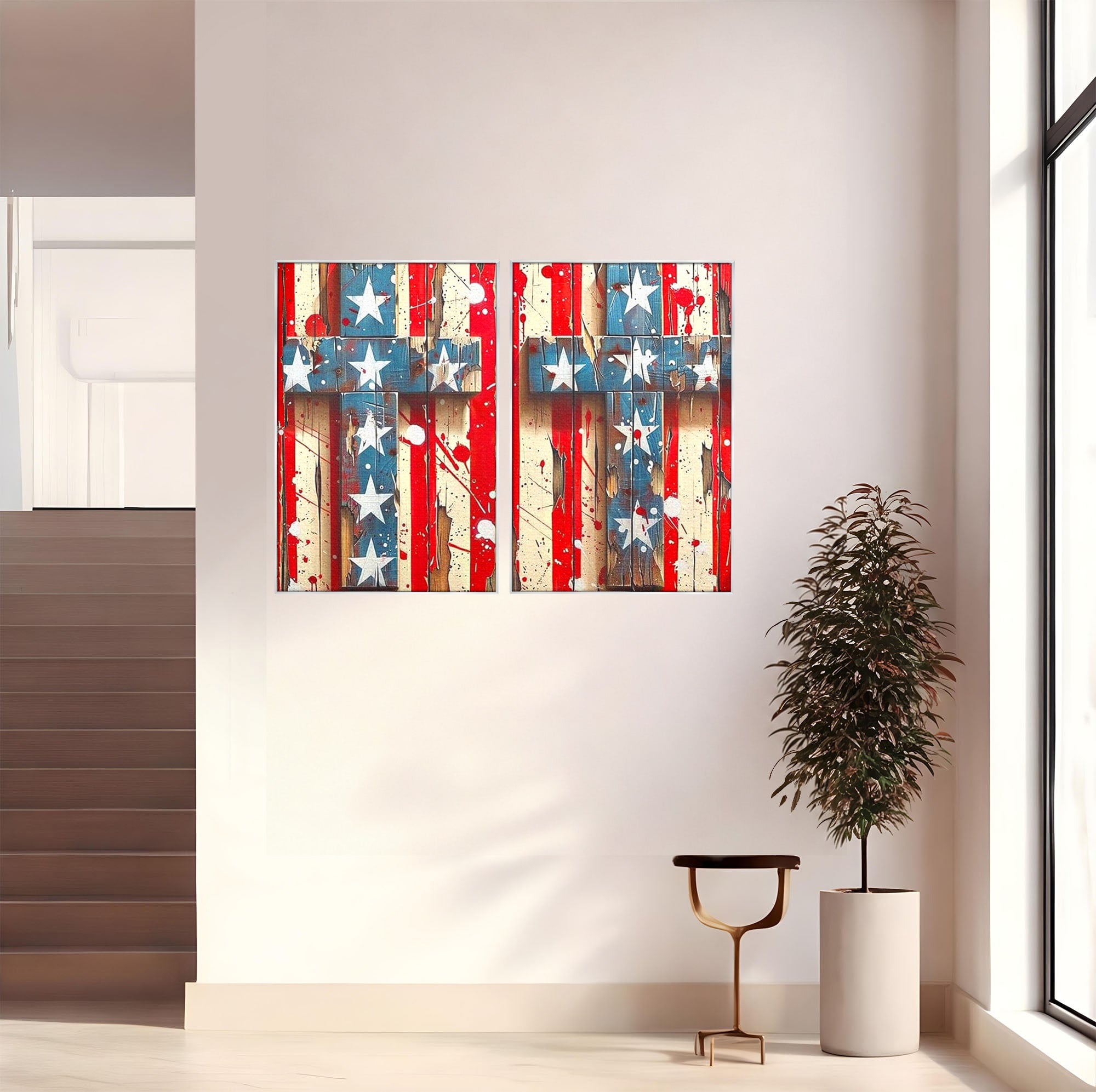 Set 2 Tablouri Canvas Premium LuxCanva® H2-1041, Crucea Libertatii, Credinta, Cruce, Libertate, Patriotism, Drapel, Stele, Simbol Crestin, Arta Patriotica, Living, Dormitor