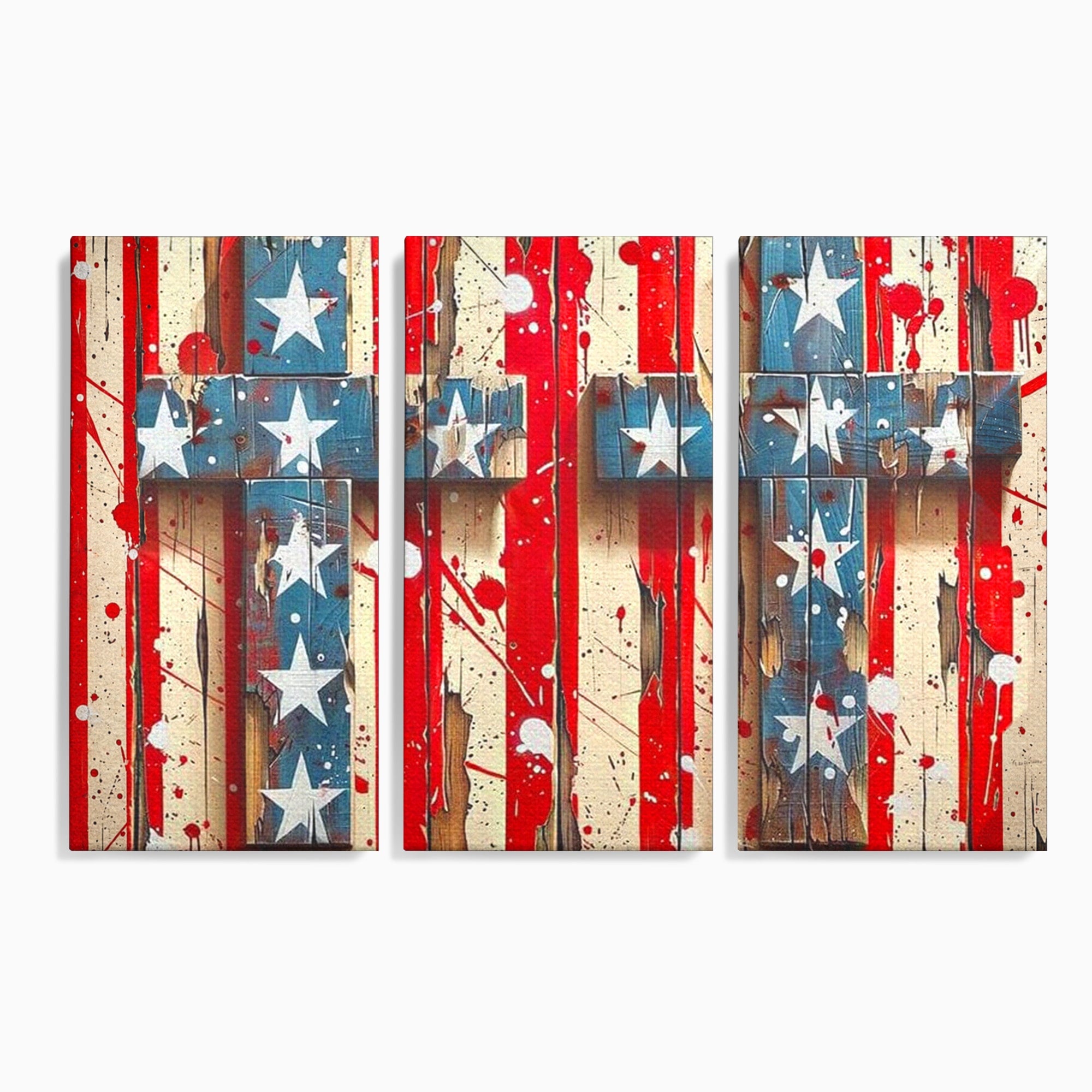 Set 3 Tablouri Canvas Premium LuxCanva® H3-1041, Crucea Libertatii, Credinta, Cruce, Libertate, Patriotism, Drapel, Stele, Simbol Crestin, Arta Patriotica, Living, Dormitor