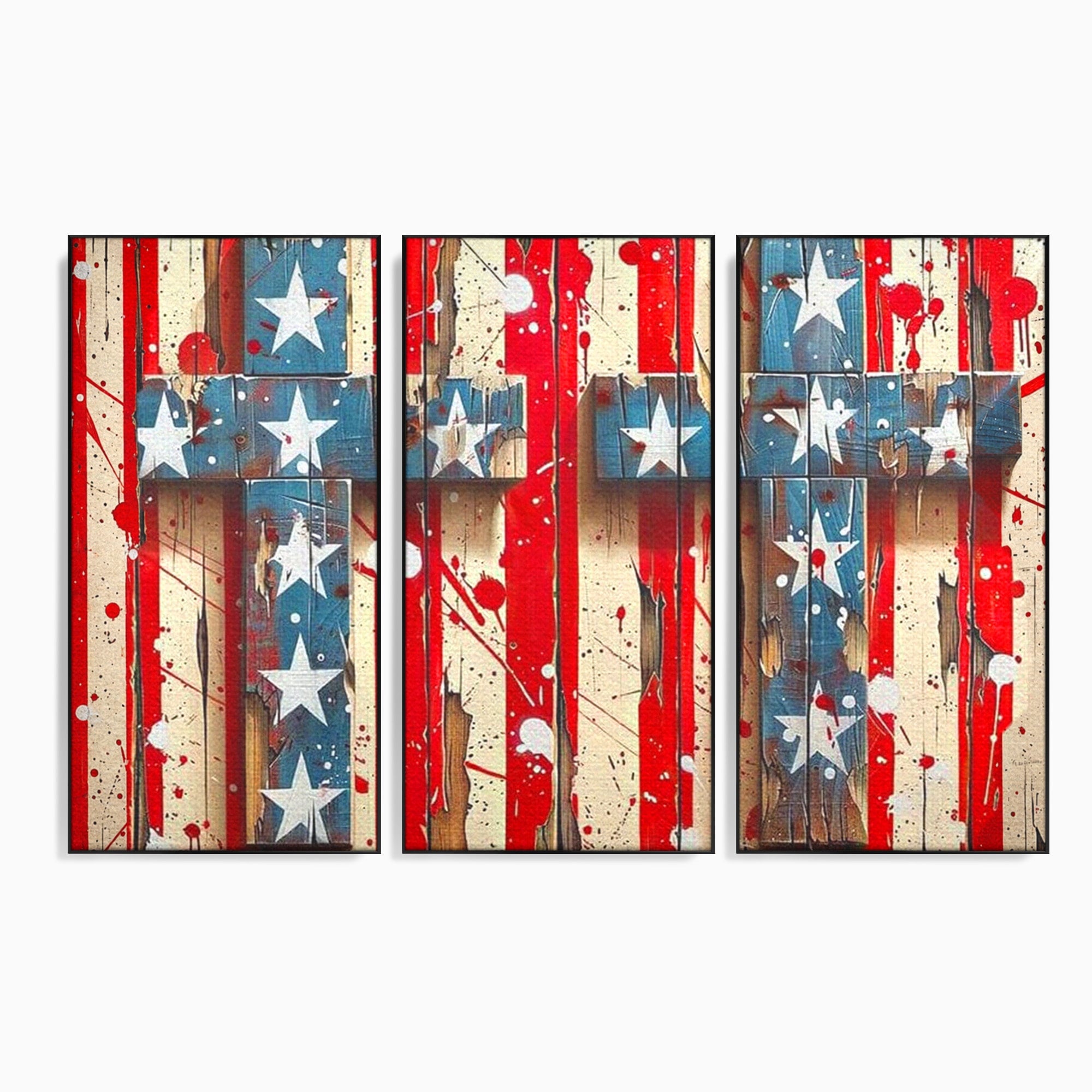 Set 3 Tablouri Canvas Premium LuxCanva® H3-1041, Crucea Libertatii, Credinta, Cruce, Libertate, Patriotism, Drapel, Stele, Simbol Crestin, Arta Patriotica, Living, Dormitor