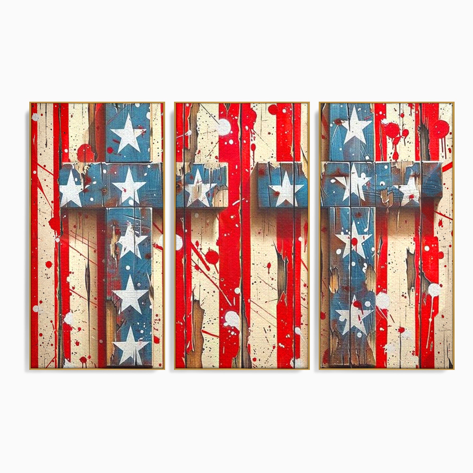 Set 3 Tablouri Canvas Premium LuxCanva® H3-1041, Crucea Libertatii, Credinta, Cruce, Libertate, Patriotism, Drapel, Stele, Simbol Crestin, Arta Patriotica, Living, Dormitor