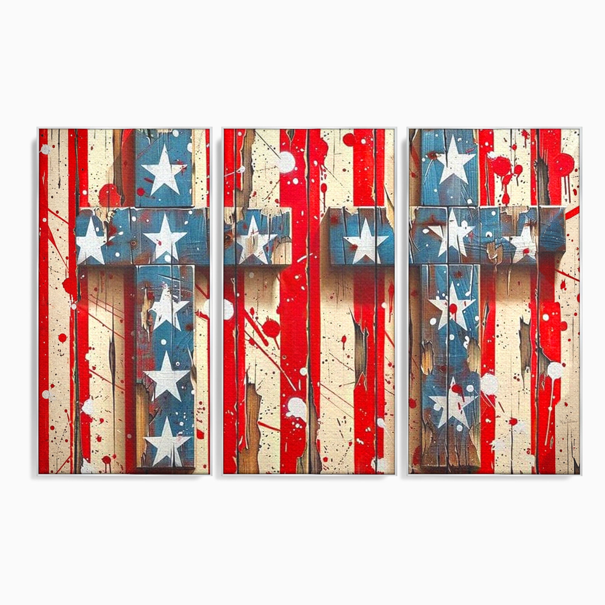 Set 3 Tablouri Canvas Premium LuxCanva® H3-1041, Crucea Libertatii, Credinta, Cruce, Libertate, Patriotism, Drapel, Stele, Simbol Crestin, Arta Patriotica, Living, Dormitor