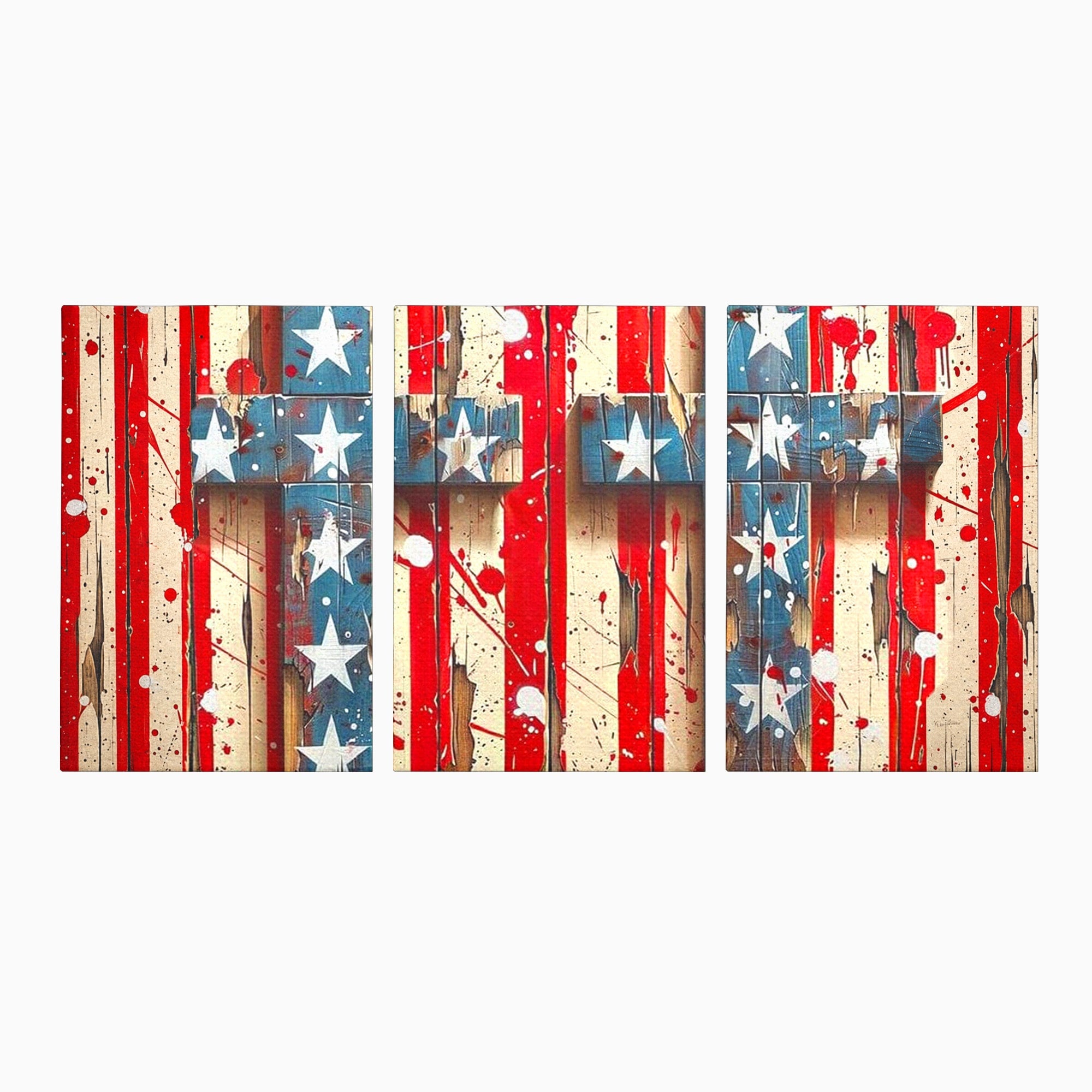 Set 3 Tablouri Canvas Premium LuxCanva® H3-1041, Crucea Libertatii, Credinta, Cruce, Libertate, Patriotism, Drapel, Stele, Simbol Crestin, Arta Patriotica, Living, Dormitor
