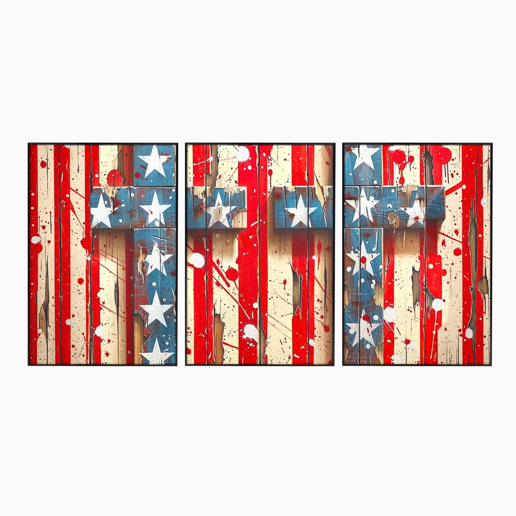 Set 3 Tablouri Canvas Premium LuxCanva® H3-1041, Crucea Libertatii, Credinta, Cruce, Libertate, Patriotism, Drapel, Stele, Simbol Crestin, Arta Patriotica, Living, Dormitor