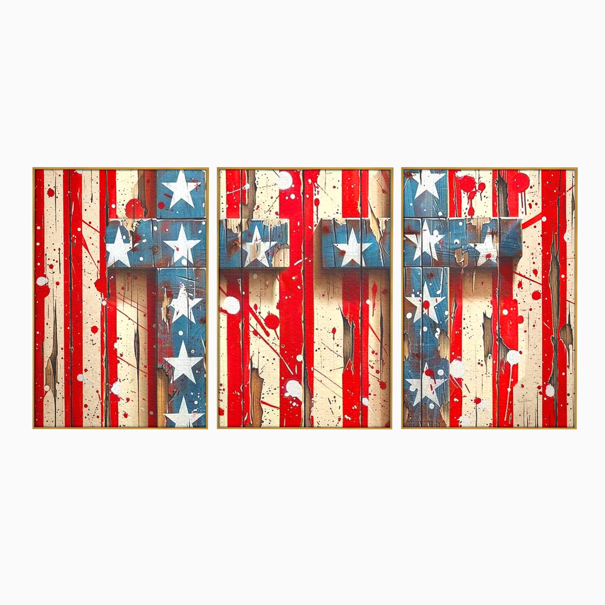 Set 3 Tablouri Canvas Premium LuxCanva® H3-1041, Crucea Libertatii, Credinta, Cruce, Libertate, Patriotism, Drapel, Stele, Simbol Crestin, Arta Patriotica, Living, Dormitor