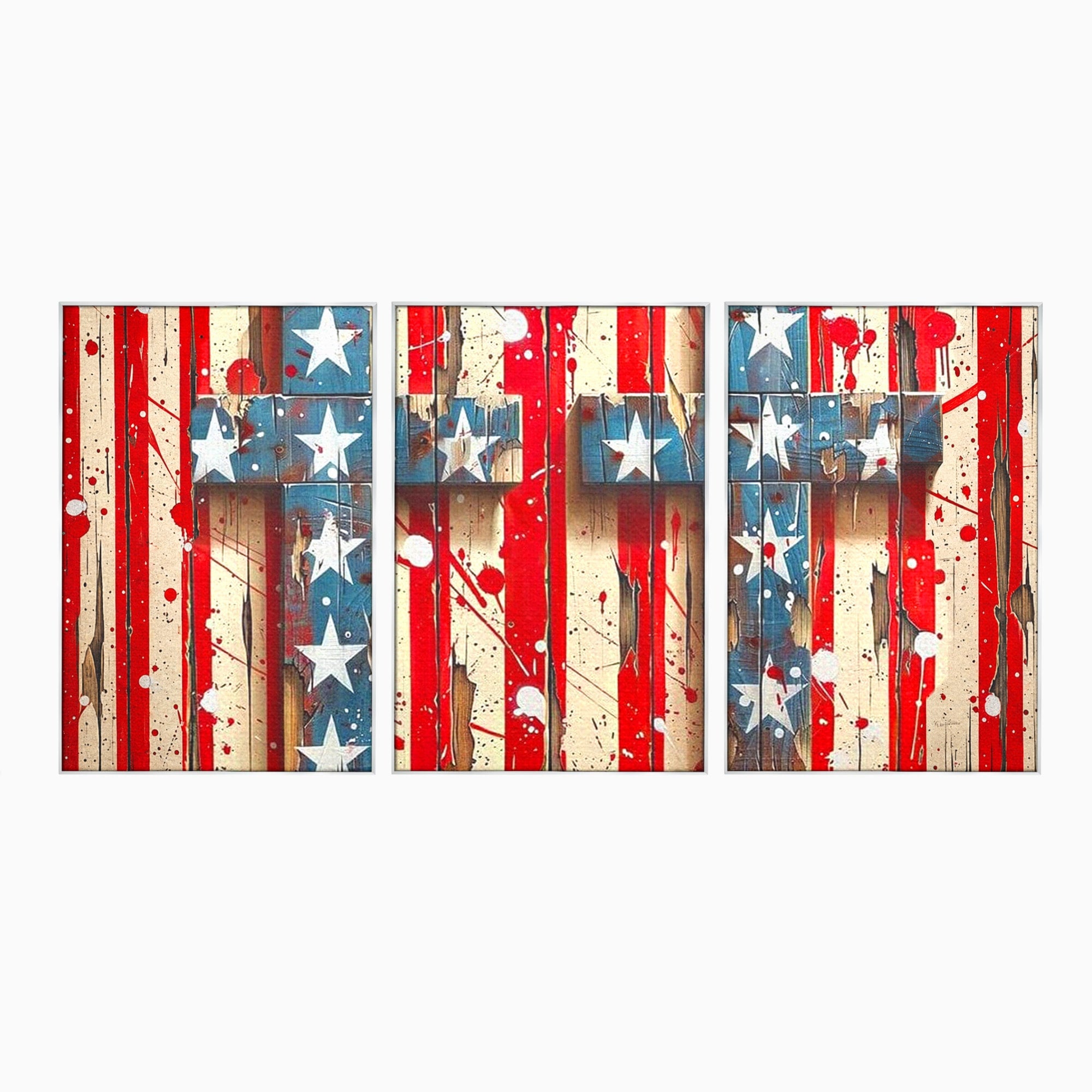 Set 3 Tablouri Canvas Premium LuxCanva® H3-1041, Crucea Libertatii, Credinta, Cruce, Libertate, Patriotism, Drapel, Stele, Simbol Crestin, Arta Patriotica, Living, Dormitor
