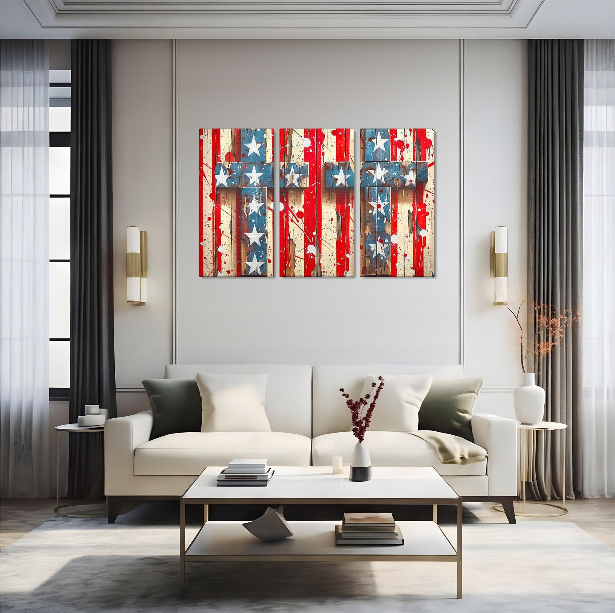 Set 3 Tablouri Canvas Premium LuxCanva® H3-1041, Crucea Libertatii, Credinta, Cruce, Libertate, Patriotism, Drapel, Stele, Simbol Crestin, Arta Patriotica, Living, Dormitor
