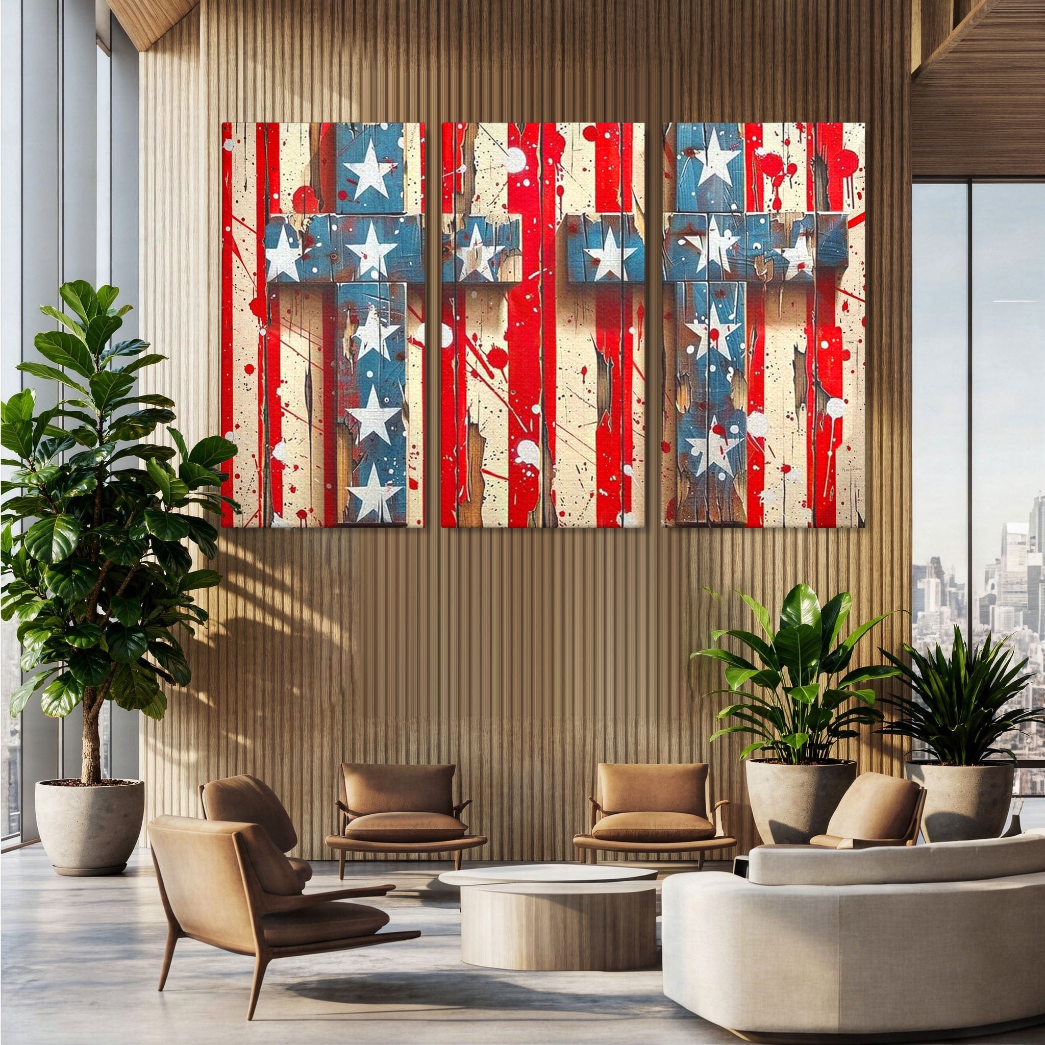 Set 3 Tablouri Canvas Premium LuxCanva® H3-1041, Crucea Libertatii, Credinta, Cruce, Libertate, Patriotism, Drapel, Stele, Simbol Crestin, Arta Patriotica, Living, Dormitor