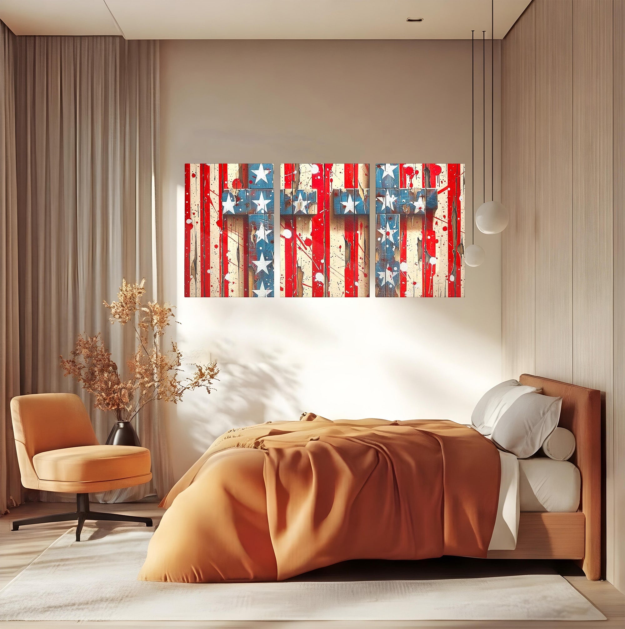 Set 3 Tablouri Canvas Premium LuxCanva® H3-1041, Crucea Libertatii, Credinta, Cruce, Libertate, Patriotism, Drapel, Stele, Simbol Crestin, Arta Patriotica, Living, Dormitor