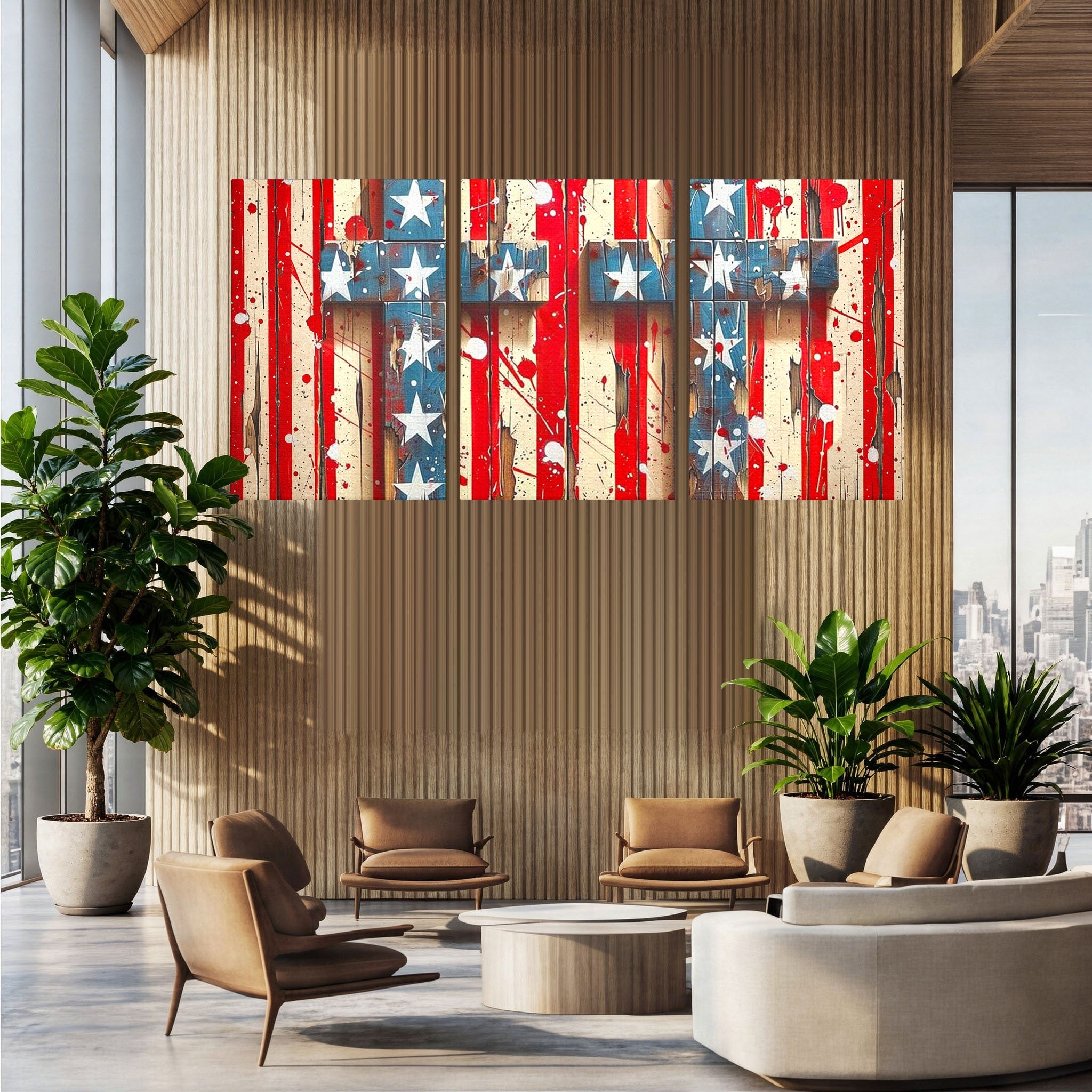 Set 3 Tablouri Canvas Premium LuxCanva® H3-1041, Crucea Libertatii, Credinta, Cruce, Libertate, Patriotism, Drapel, Stele, Simbol Crestin, Arta Patriotica, Living, Dormitor