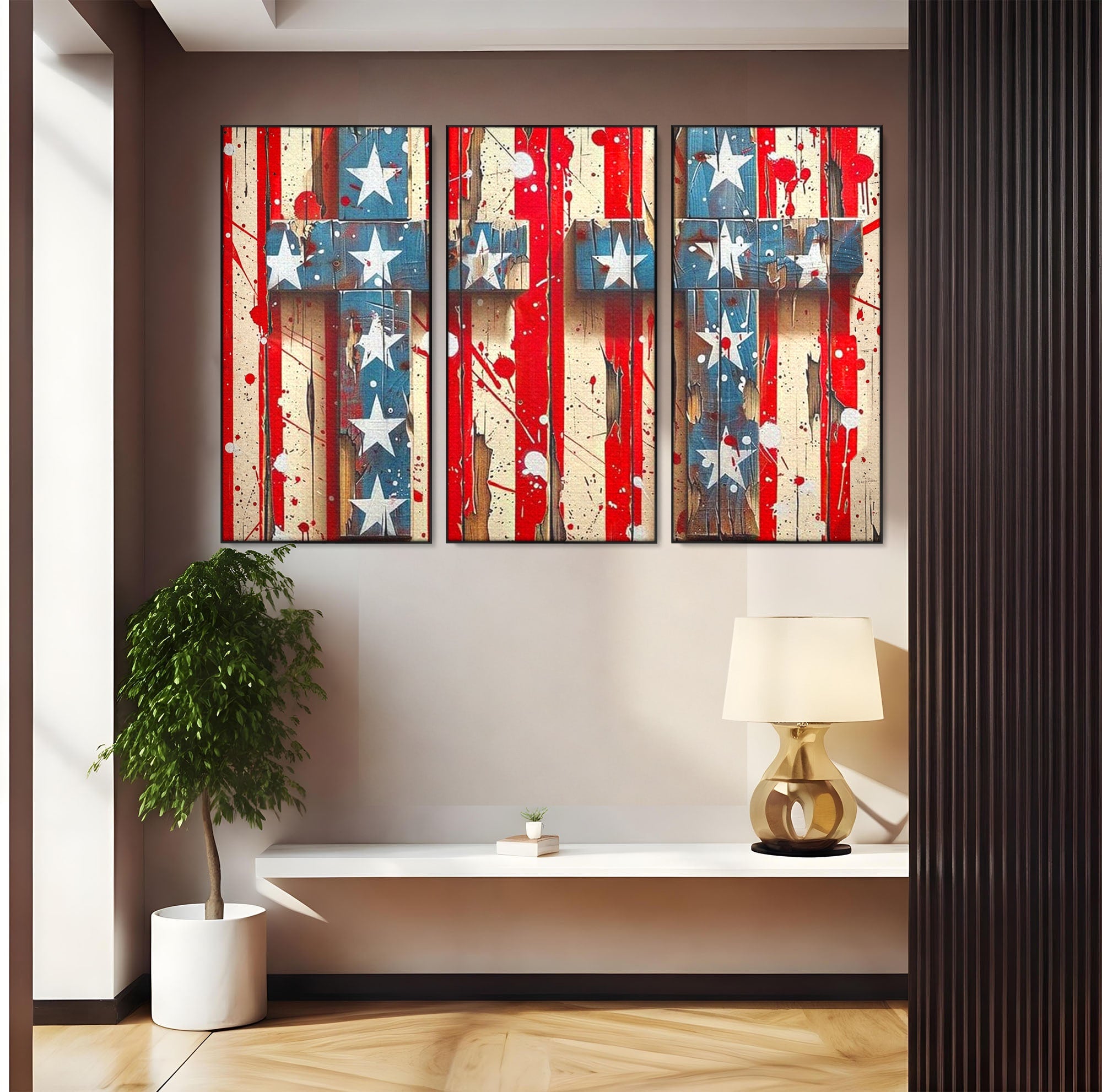 Set 3 Tablouri Canvas Premium LuxCanva® H3-1041, Crucea Libertatii, Credinta, Cruce, Libertate, Patriotism, Drapel, Stele, Simbol Crestin, Arta Patriotica, Living, Dormitor