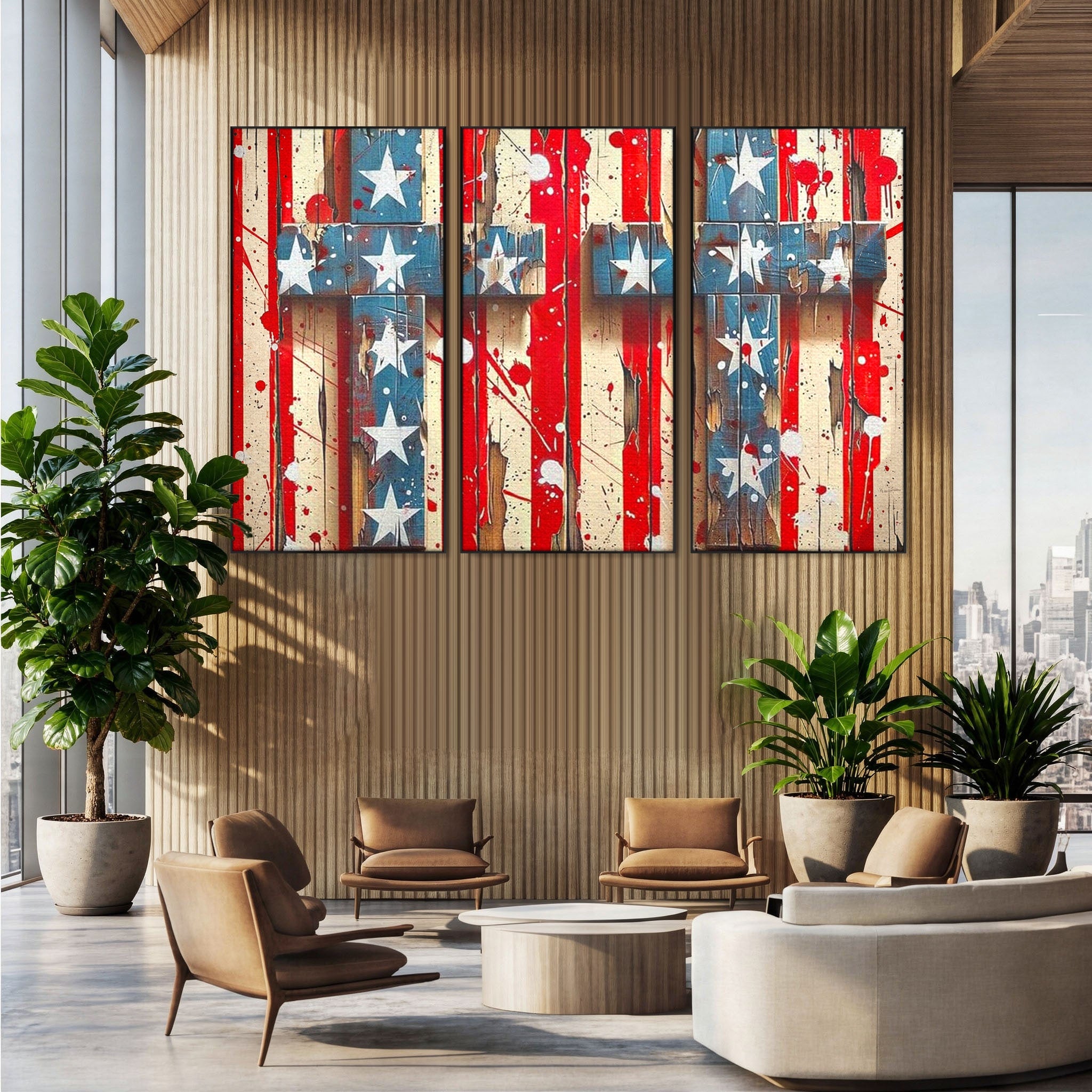 Set 3 Tablouri Canvas Premium LuxCanva® H3-1041, Crucea Libertatii, Credinta, Cruce, Libertate, Patriotism, Drapel, Stele, Simbol Crestin, Arta Patriotica, Living, Dormitor