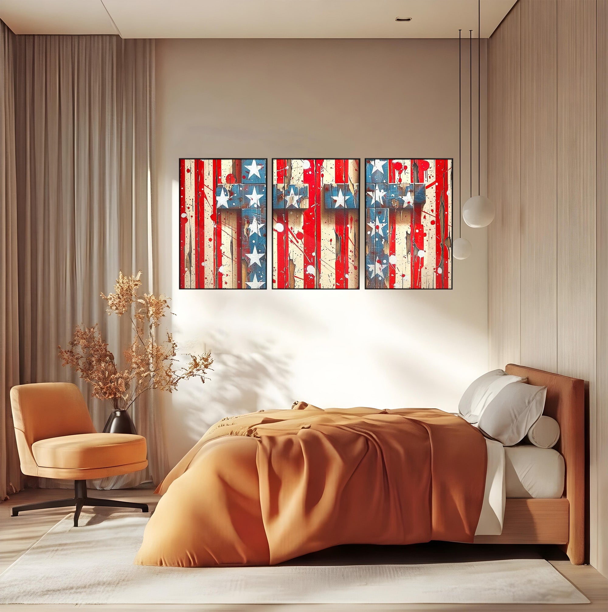 Set 3 Tablouri Canvas Premium LuxCanva® H3-1041, Crucea Libertatii, Credinta, Cruce, Libertate, Patriotism, Drapel, Stele, Simbol Crestin, Arta Patriotica, Living, Dormitor
