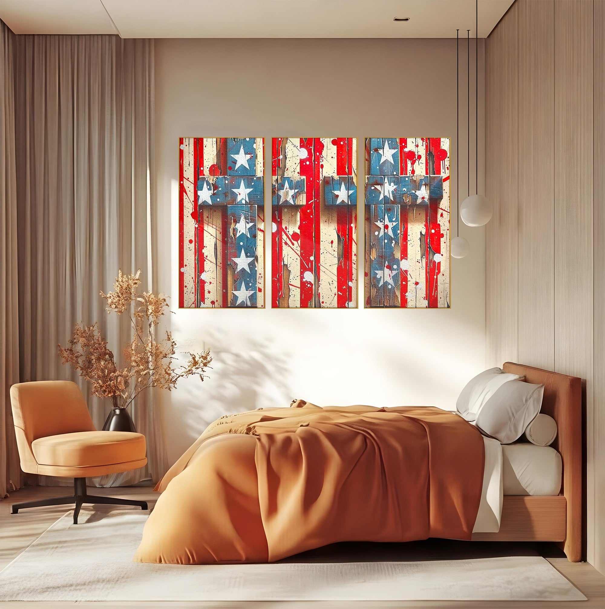 Set 3 Tablouri Canvas Premium LuxCanva® H3-1041, Crucea Libertatii, Credinta, Cruce, Libertate, Patriotism, Drapel, Stele, Simbol Crestin, Arta Patriotica, Living, Dormitor