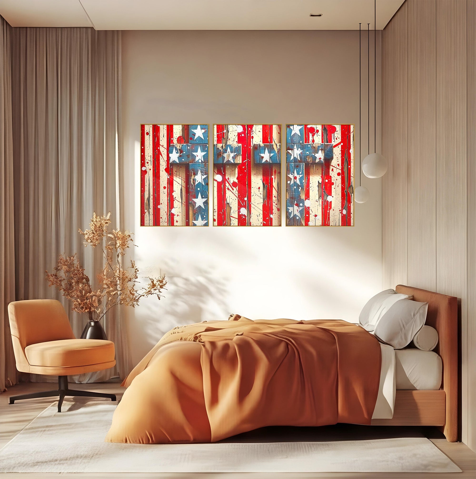 Set 3 Tablouri Canvas Premium LuxCanva® H3-1041, Crucea Libertatii, Credinta, Cruce, Libertate, Patriotism, Drapel, Stele, Simbol Crestin, Arta Patriotica, Living, Dormitor