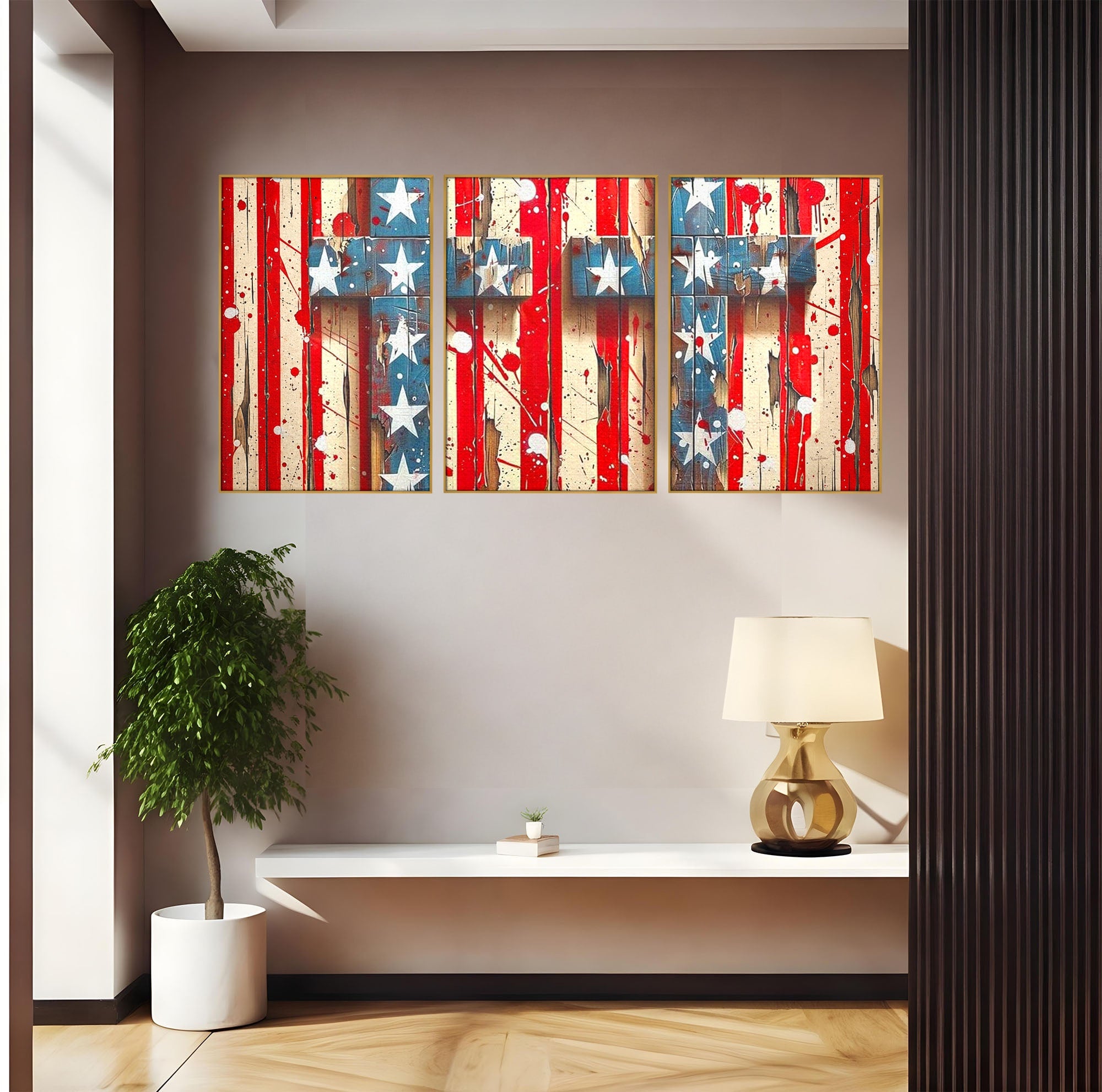 Set 3 Tablouri Canvas Premium LuxCanva® H3-1041, Crucea Libertatii, Credinta, Cruce, Libertate, Patriotism, Drapel, Stele, Simbol Crestin, Arta Patriotica, Living, Dormitor