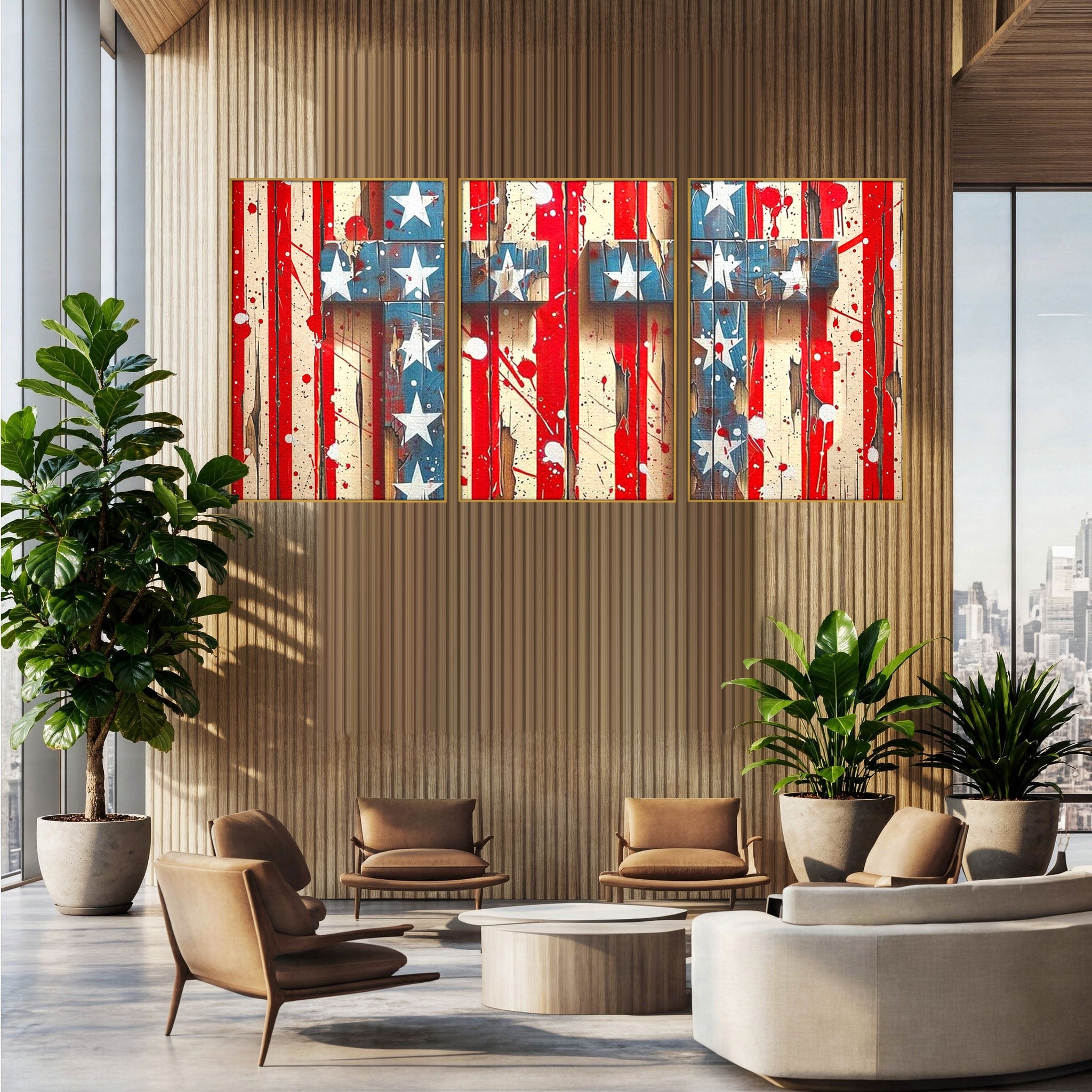 Set 3 Tablouri Canvas Premium LuxCanva® H3-1041, Crucea Libertatii, Credinta, Cruce, Libertate, Patriotism, Drapel, Stele, Simbol Crestin, Arta Patriotica, Living, Dormitor