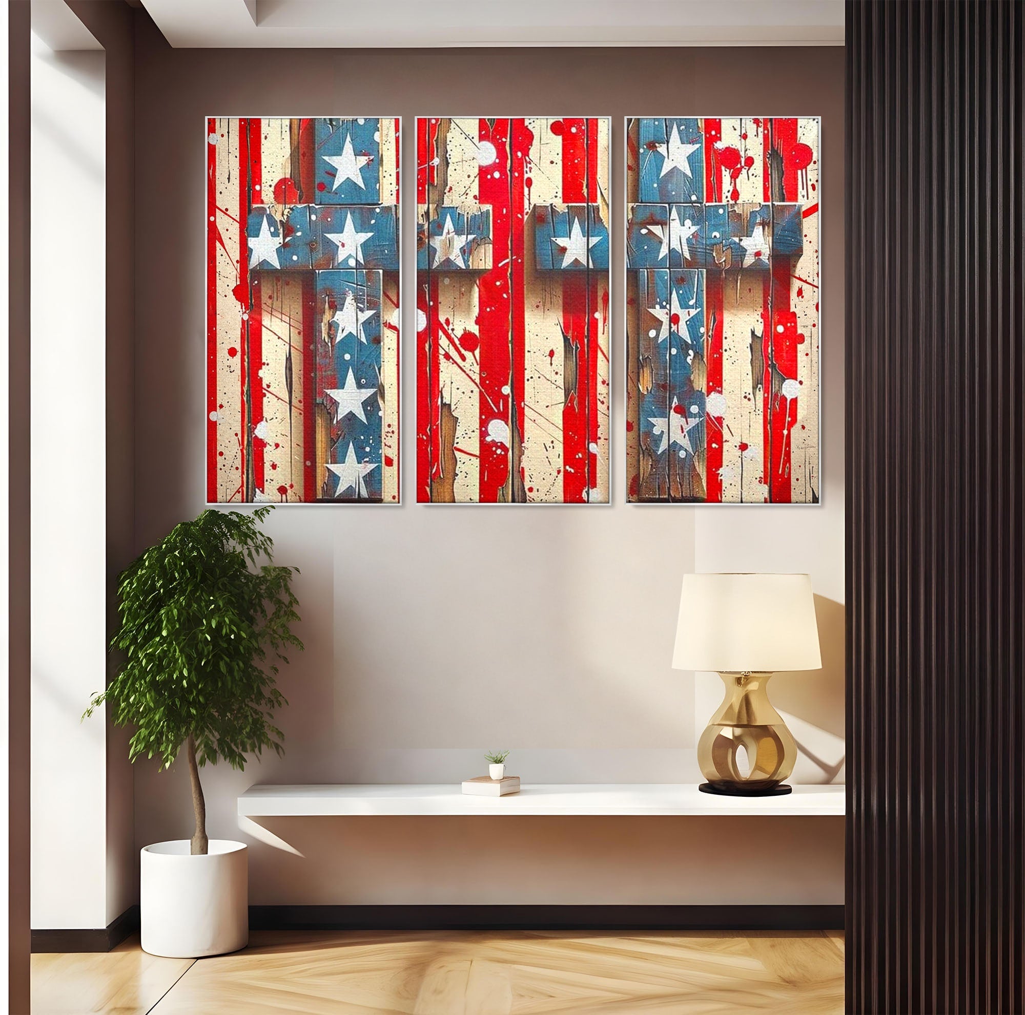 Set 3 Tablouri Canvas Premium LuxCanva® H3-1041, Crucea Libertatii, Credinta, Cruce, Libertate, Patriotism, Drapel, Stele, Simbol Crestin, Arta Patriotica, Living, Dormitor