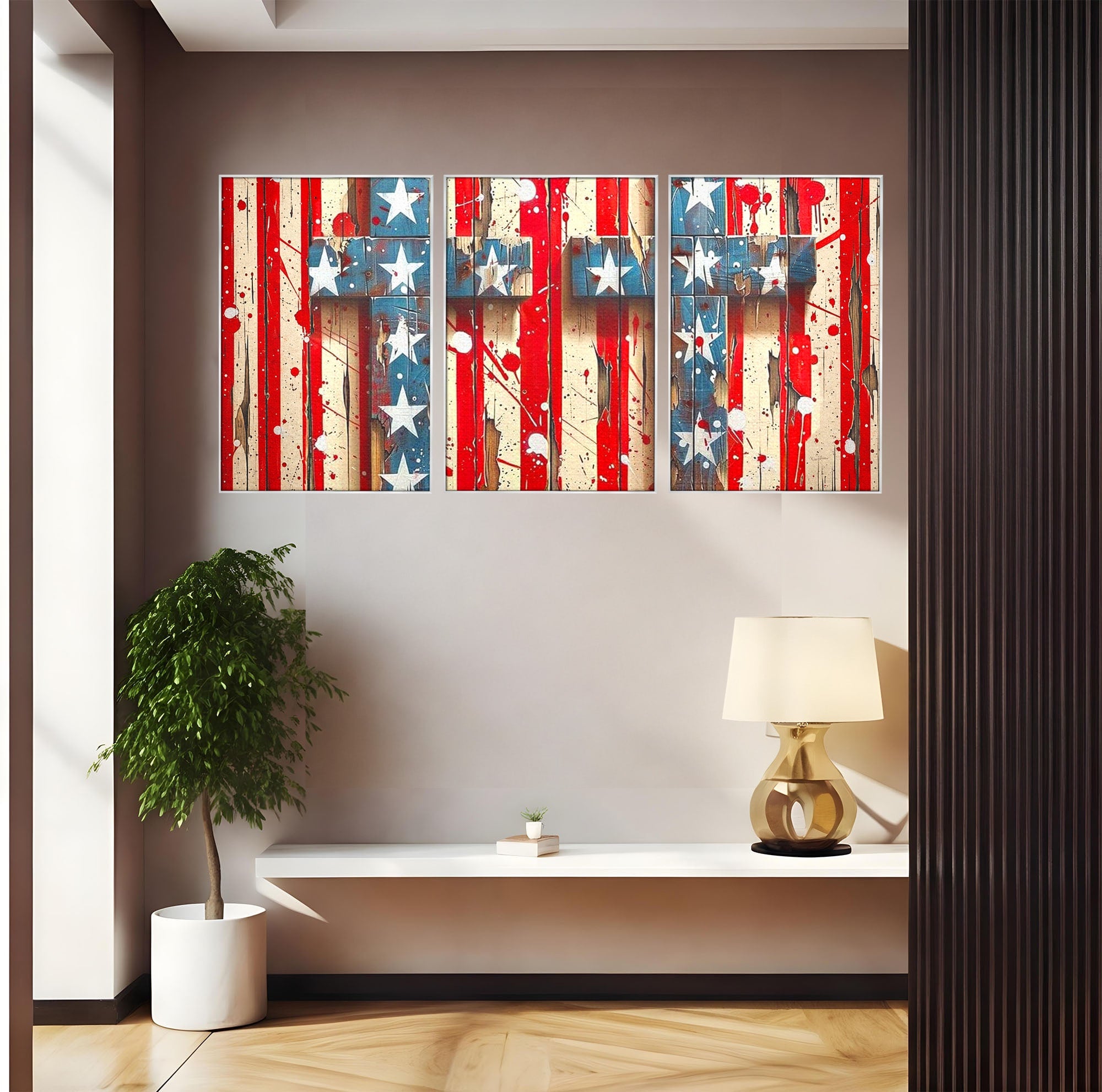Set 3 Tablouri Canvas Premium LuxCanva® H3-1041, Crucea Libertatii, Credinta, Cruce, Libertate, Patriotism, Drapel, Stele, Simbol Crestin, Arta Patriotica, Living, Dormitor