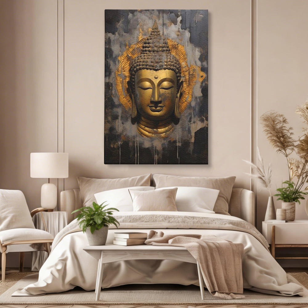 Leinwandbilder Premium LuxCanva® I124, Aura der Ruhe, Buddha, Zen, Erleuchtung, Innerer Frieden, Spiritualität, Harmonie, Meditation, Stille, Urne, Rauch, Gold, Wohnen, Schlafzimmer