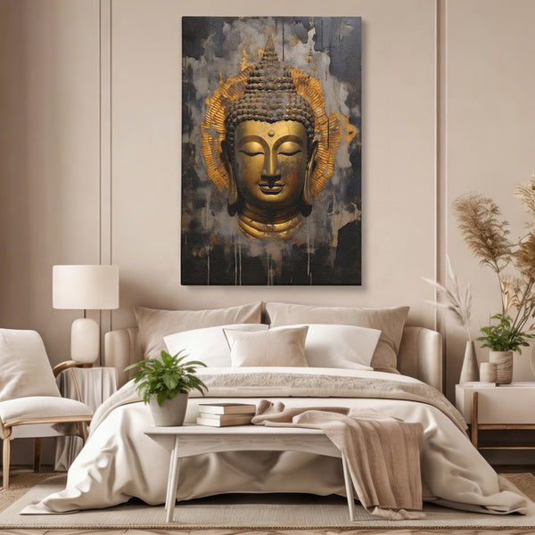 Leinwandbilder Premium LuxCanva® I124, Aura der Ruhe, Buddha, Zen, Erleuchtung, Innerer Frieden, Spiritualität, Harmonie, Meditation, Stille, Urne, Rauch, Gold, Wohnen, Schlafzimmer