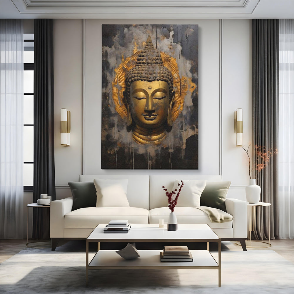 Leinwandbilder Premium LuxCanva® I124, Aura der Ruhe, Buddha, Zen, Erleuchtung, Innerer Frieden, Spiritualität, Harmonie, Meditation, Stille, Urne, Rauch, Gold, Wohnen, Schlafzimmer