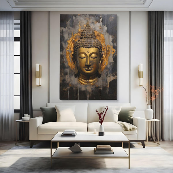 Leinwandbilder Premium LuxCanva® I124, Aura der Ruhe, Buddha, Zen, Erleuchtung, Innerer Frieden, Spiritualität, Harmonie, Meditation, Stille, Urne, Rauch, Gold, Wohnen, Schlafzimmer