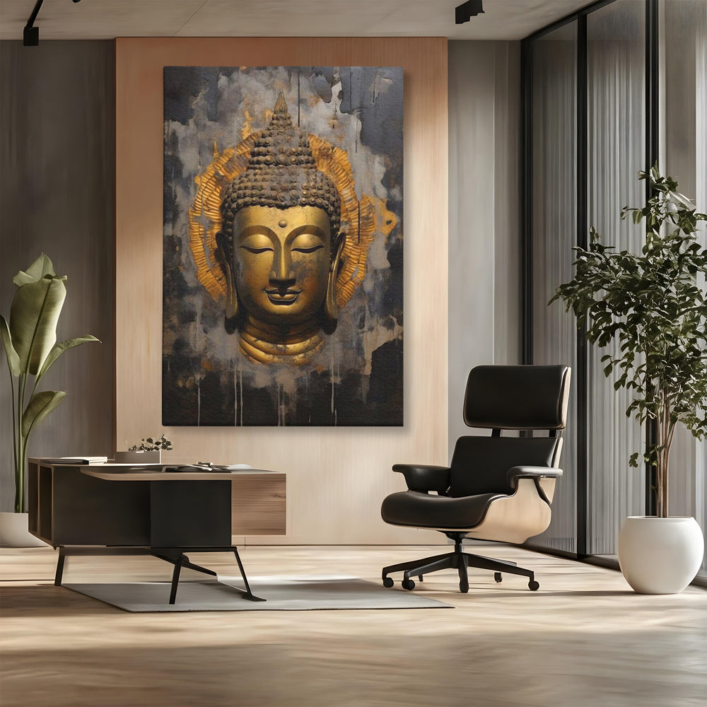 Leinwandbilder Premium LuxCanva® I124, Aura der Ruhe, Buddha, Zen, Erleuchtung, Innerer Frieden, Spiritualität, Harmonie, Meditation, Stille, Urne, Rauch, Gold, Wohnen, Schlafzimmer