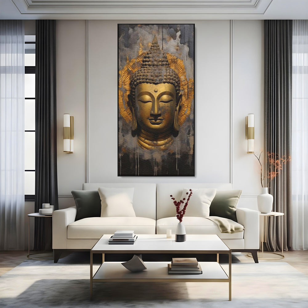 Leinwandbilder Premium LuxCanva® I124, Aura der Ruhe, Buddha, Zen, Erleuchtung, Innerer Frieden, Spiritualität, Harmonie, Meditation, Stille, Urne, Rauch, Gold, Wohnen, Schlafzimmer