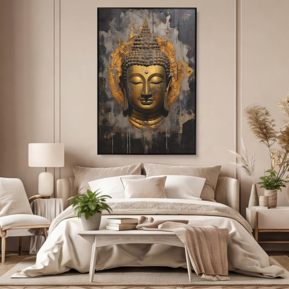 Leinwandbilder Premium LuxCanva® I124, Aura der Ruhe, Buddha, Zen, Erleuchtung, Innerer Frieden, Spiritualität, Harmonie, Meditation, Stille, Urne, Rauch, Gold, Wohnen, Schlafzimmer