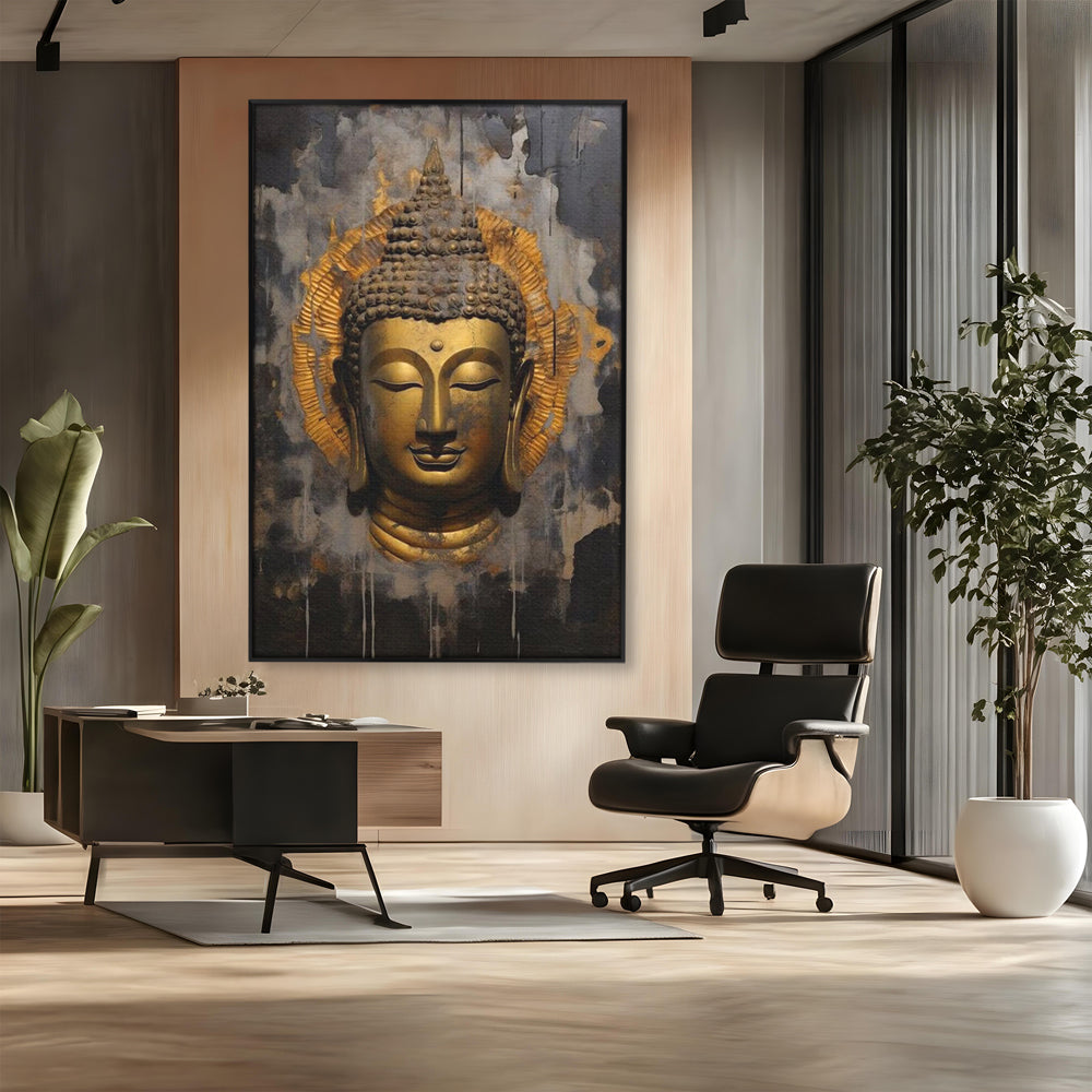 Leinwandbilder Premium LuxCanva® I124, Aura der Ruhe, Buddha, Zen, Erleuchtung, Innerer Frieden, Spiritualität, Harmonie, Meditation, Stille, Urne, Rauch, Gold, Wohnen, Schlafzimmer