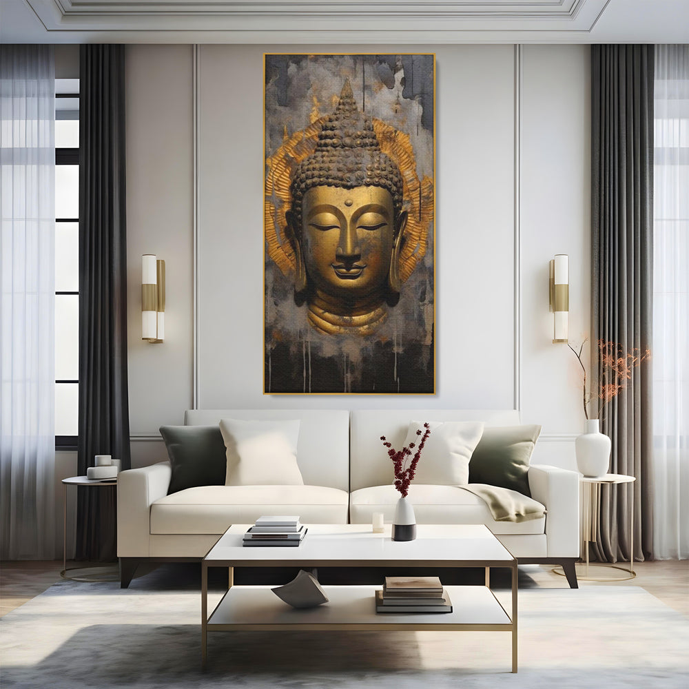 Leinwandbilder Premium LuxCanva® I124, Aura der Ruhe, Buddha, Zen, Erleuchtung, Innerer Frieden, Spiritualität, Harmonie, Meditation, Stille, Urne, Rauch, Gold, Wohnen, Schlafzimmer