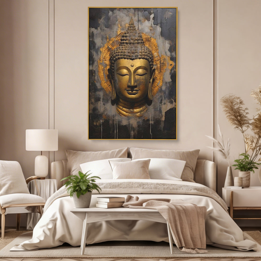 Leinwandbilder Premium LuxCanva® I124, Aura der Ruhe, Buddha, Zen, Erleuchtung, Innerer Frieden, Spiritualität, Harmonie, Meditation, Stille, Urne, Rauch, Gold, Wohnen, Schlafzimmer