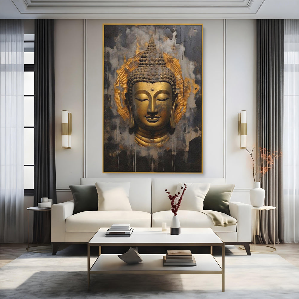 Leinwandbilder Premium LuxCanva® I124, Aura der Ruhe, Buddha, Zen, Erleuchtung, Innerer Frieden, Spiritualität, Harmonie, Meditation, Stille, Urne, Rauch, Gold, Wohnen, Schlafzimmer