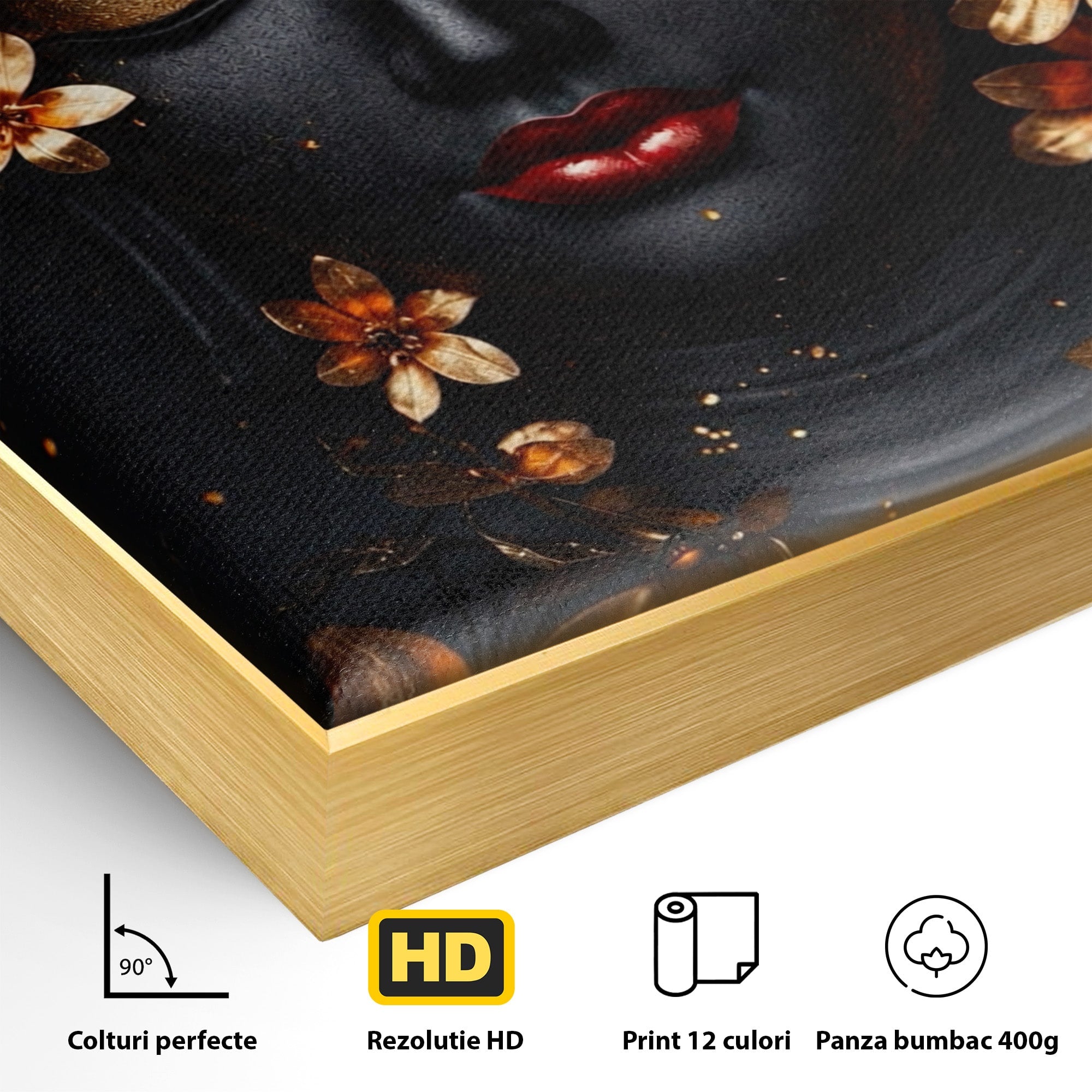 Tablou Canvas Premium LuxCanva® I144, Flori de Aur, Buddha, Flori, Meditatie, Spiritualitate, Dormitor, Culori Vibrante