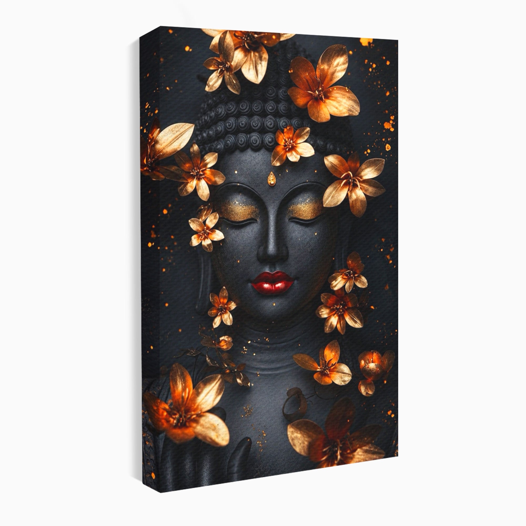 Tablou Canvas Premium LuxCanva® I144, Flori de Aur, Buddha, Flori, Meditatie, Spiritualitate, Dormitor, Culori Vibrante