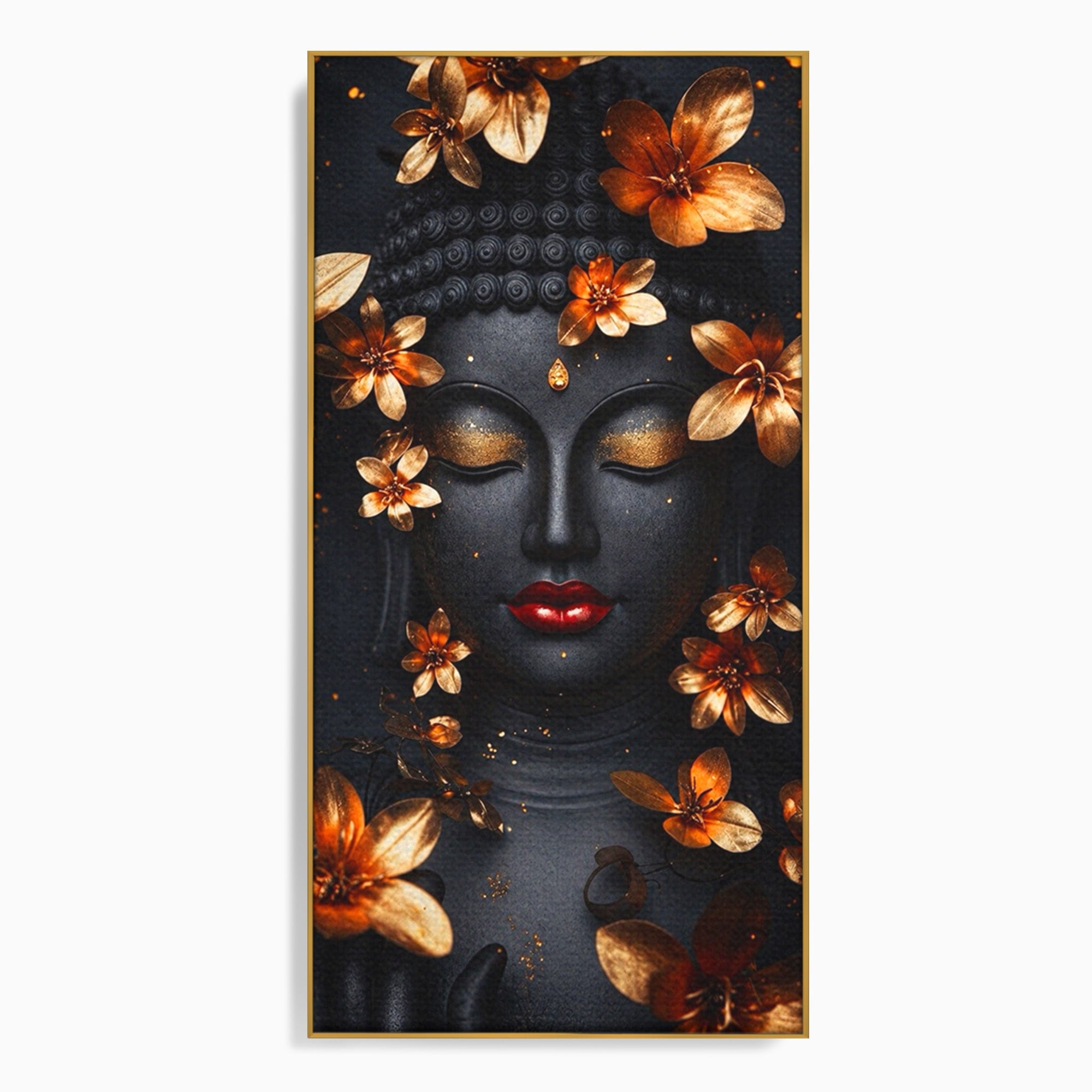 Tablou Canvas Premium LuxCanva® I144, Flori de Aur, Buddha, Flori, Meditatie, Spiritualitate, Dormitor, Culori Vibrante