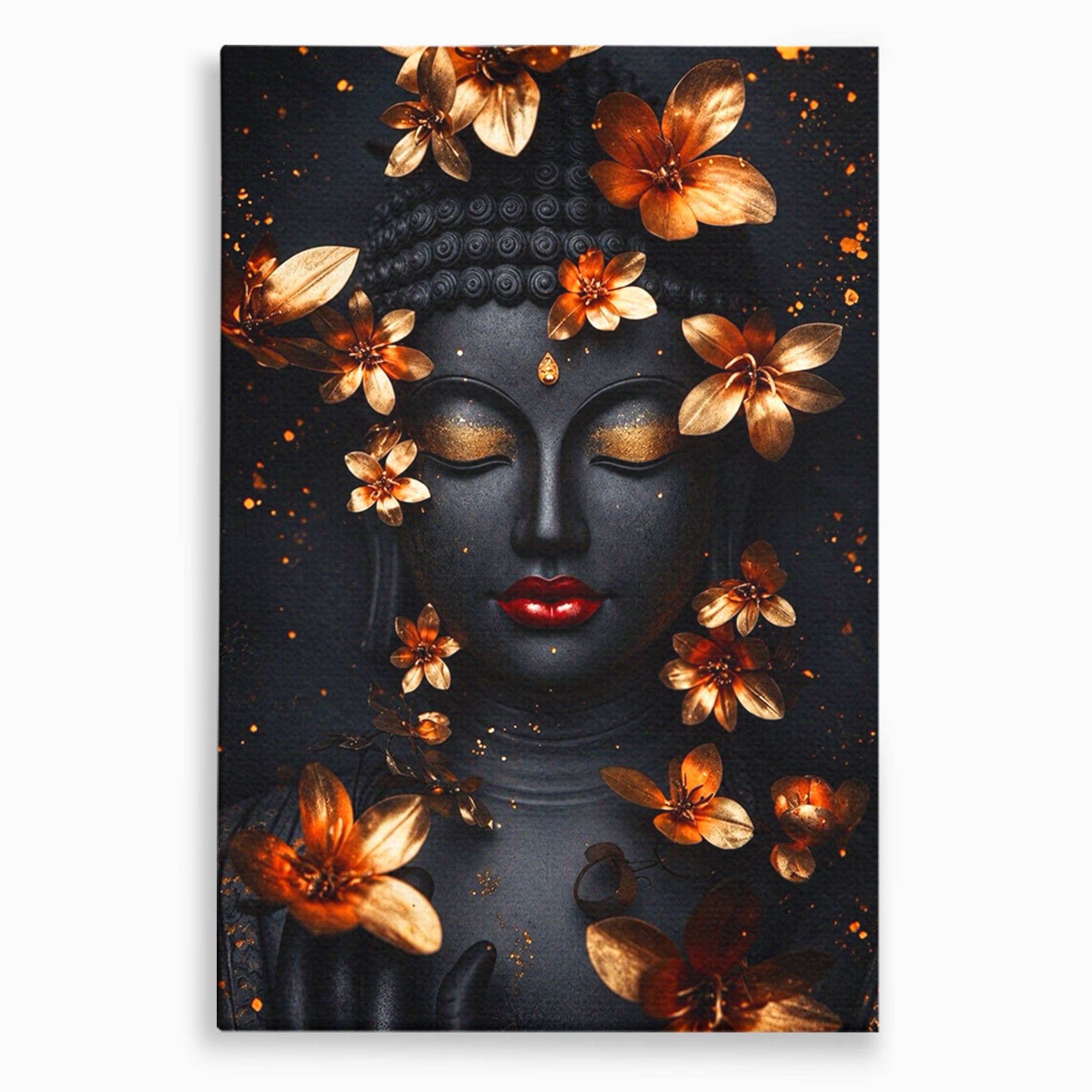 Tablou Canvas Premium LuxCanva® I144, Flori de Aur, Buddha, Flori, Meditatie, Spiritualitate, Dormitor, Culori Vibrante