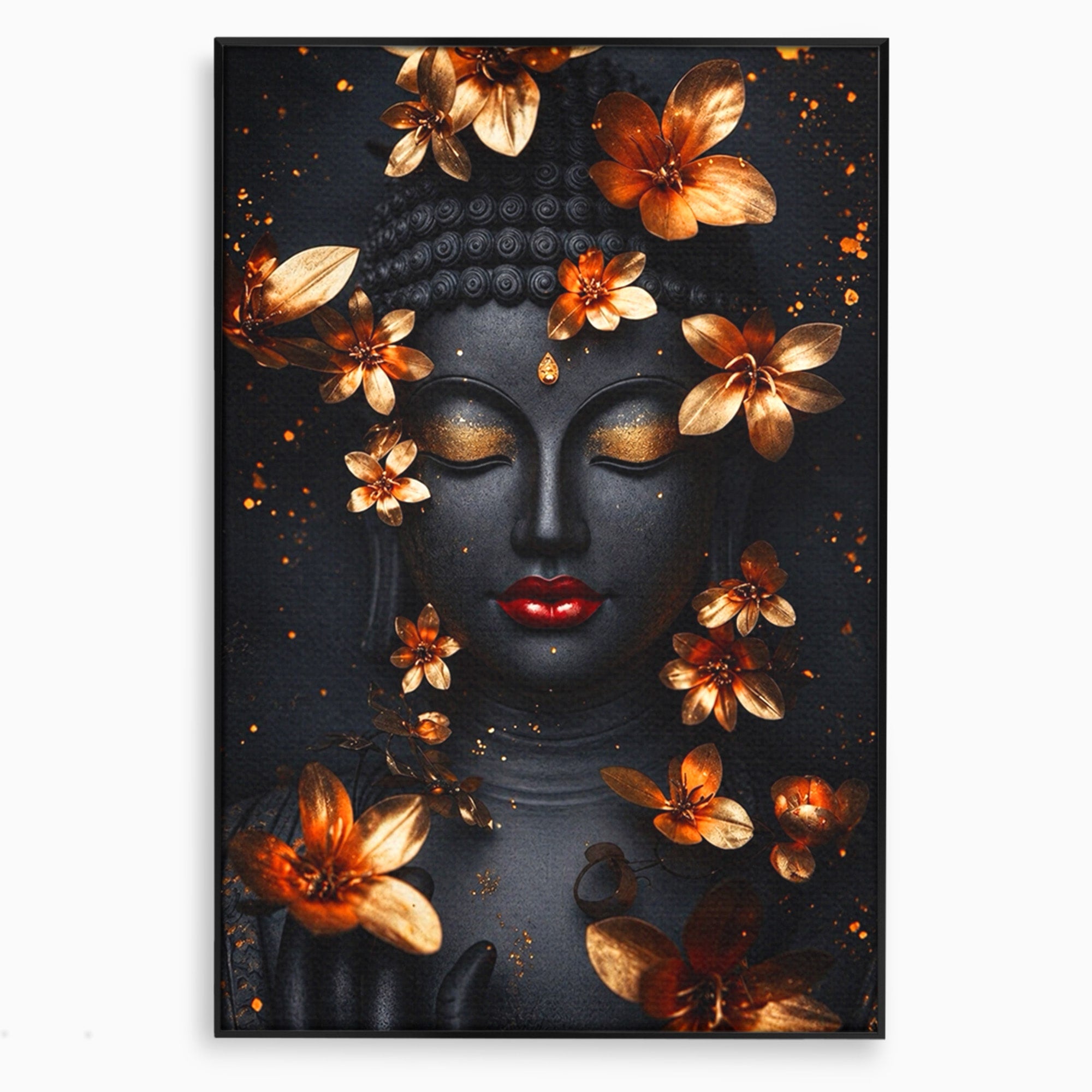 Tablou Canvas Premium LuxCanva® I144, Flori de Aur, Buddha, Flori, Meditatie, Spiritualitate, Dormitor, Culori Vibrante
