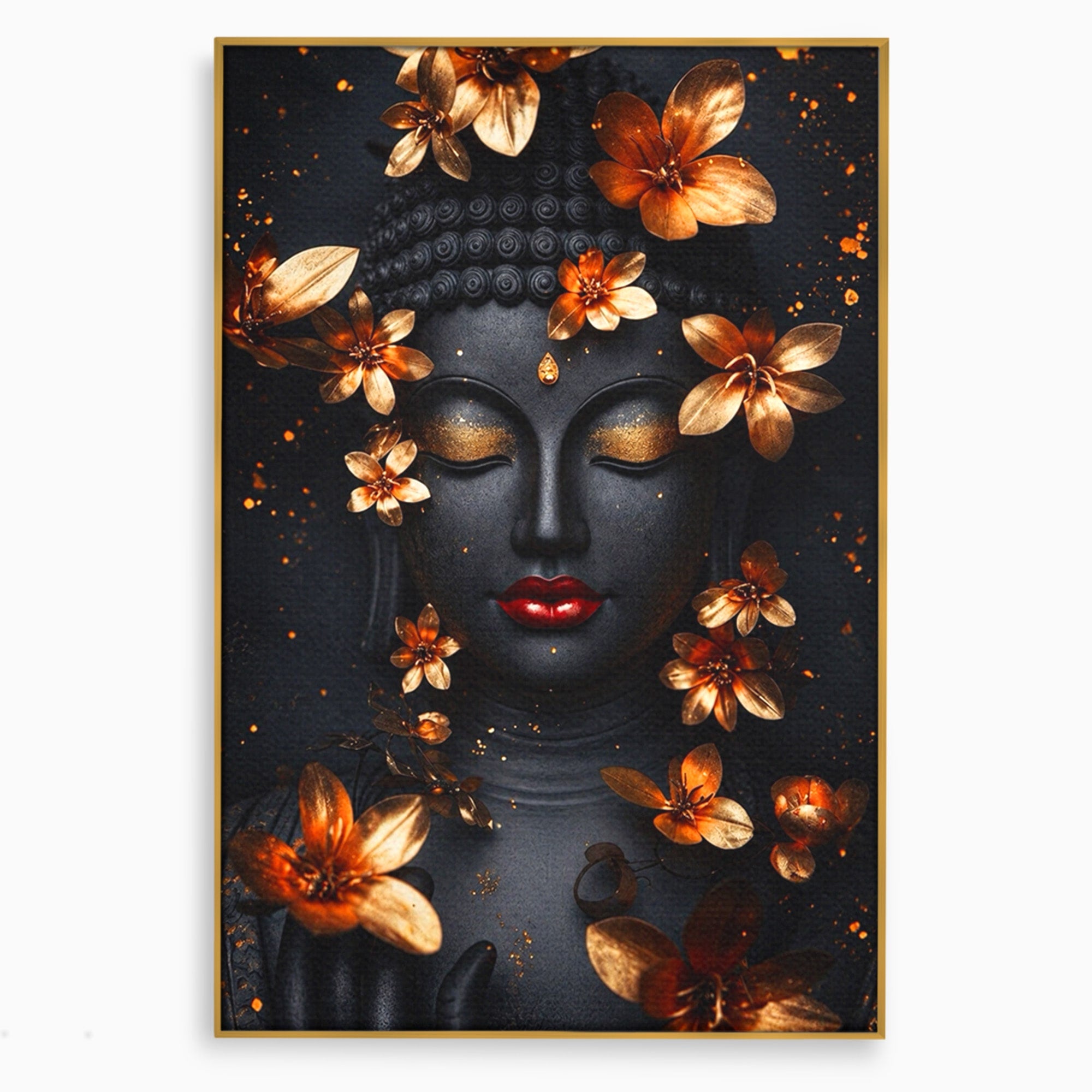 Tablou Canvas Premium LuxCanva® I144, Flori de Aur, Buddha, Flori, Meditatie, Spiritualitate, Dormitor, Culori Vibrante