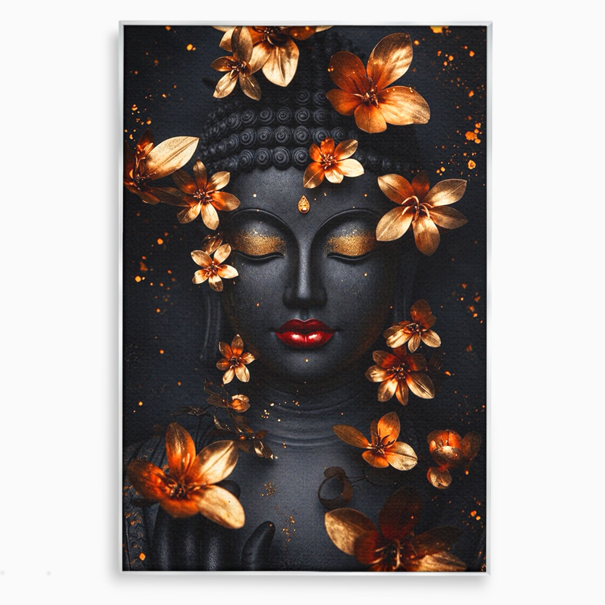 Tablou Canvas Premium LuxCanva® I144, Flori de Aur, Buddha, Flori, Meditatie, Spiritualitate, Dormitor, Culori Vibrante