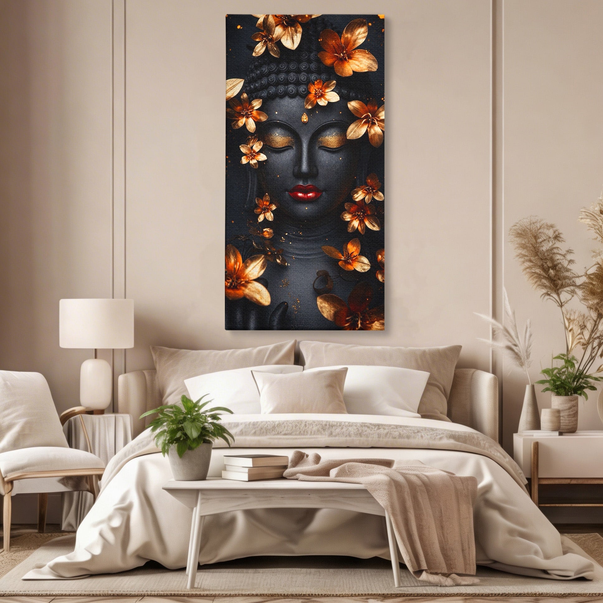 Tablou Canvas Premium LuxCanva® I144, Flori de Aur, Buddha, Flori, Meditatie, Spiritualitate, Dormitor, Culori Vibrante